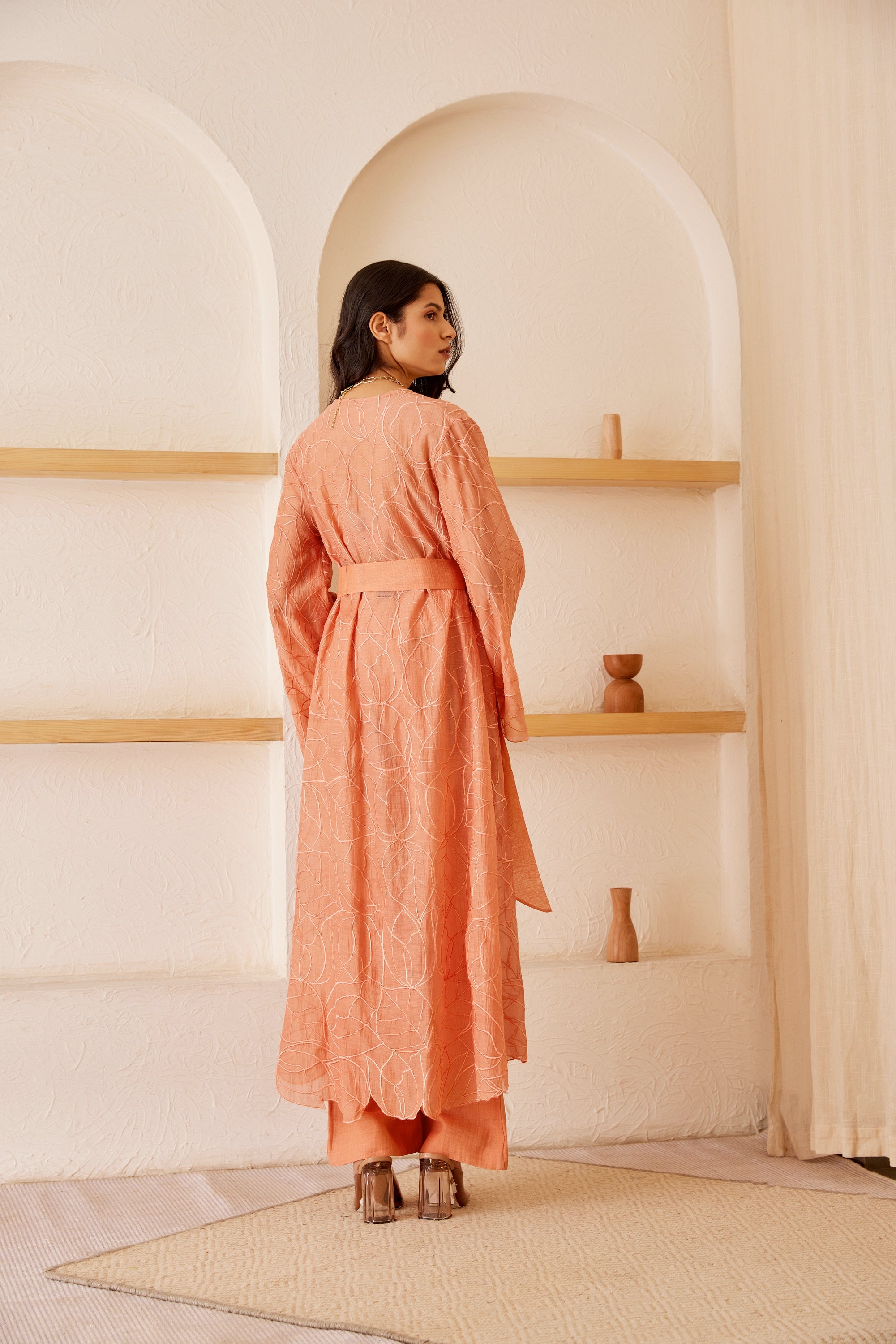 Peach chanderi embroidered jacket set