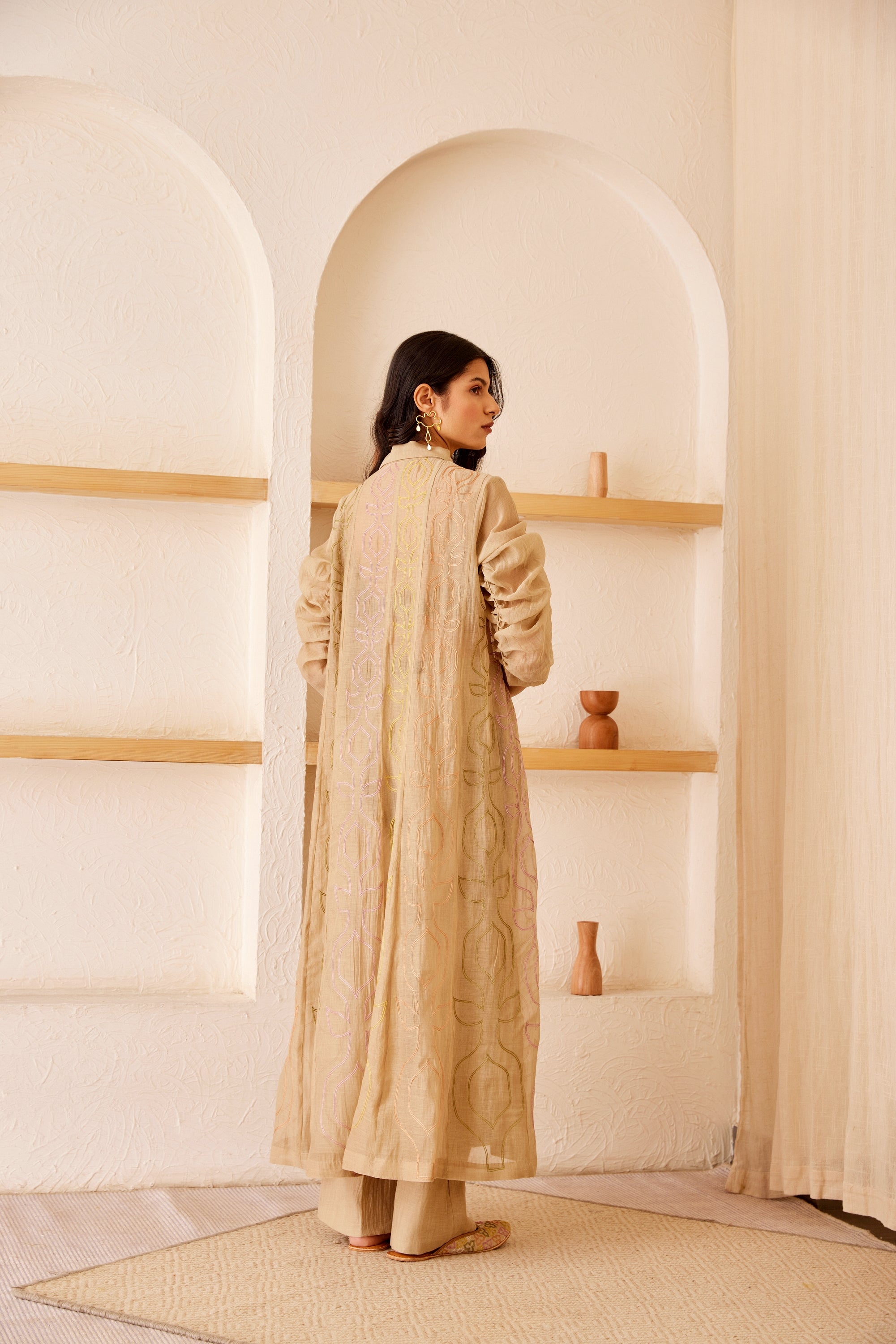 Beige chanderi silk hand embroidered kurta/dress