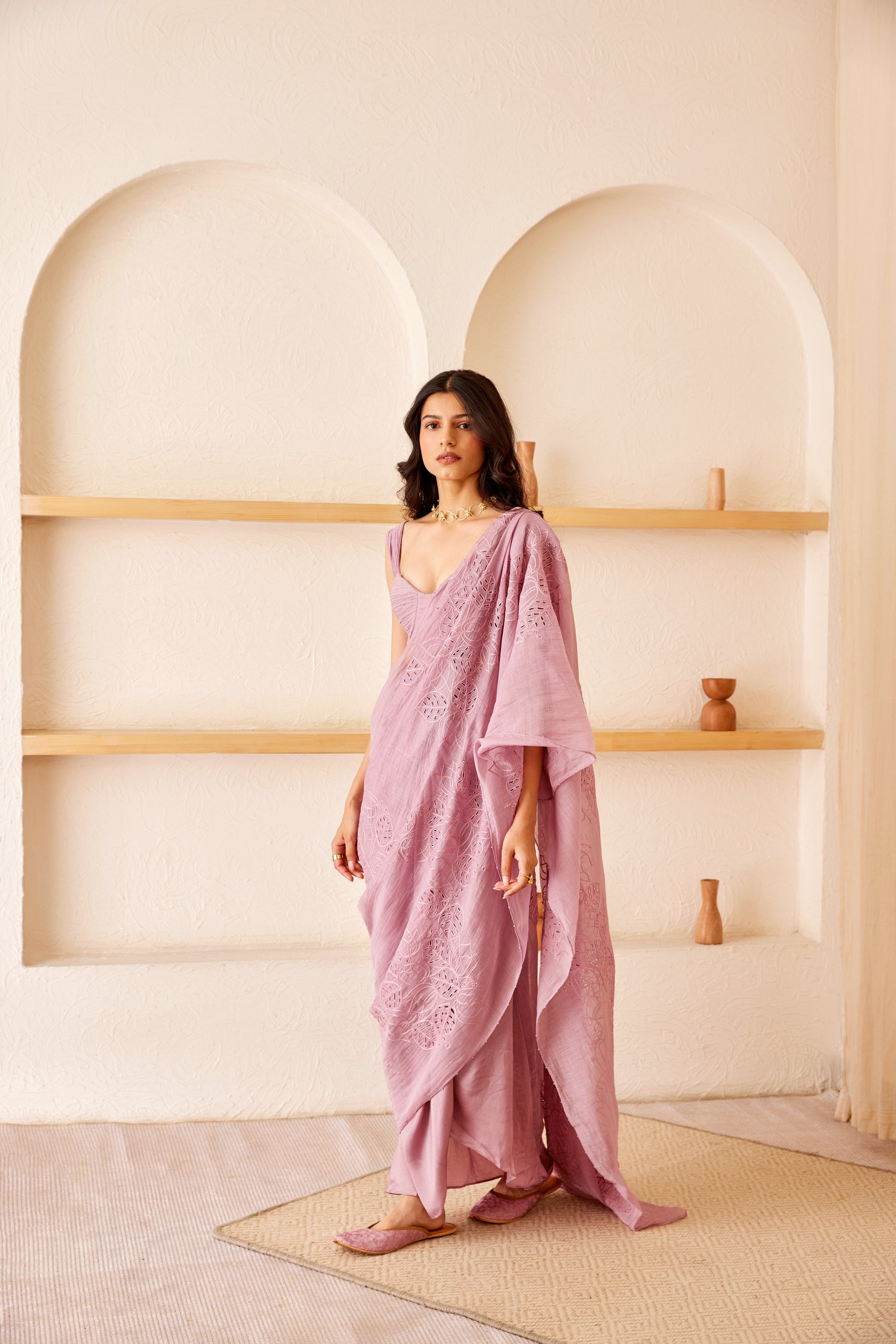 Lavender chanderi silk hand embroidered pre-draped saree