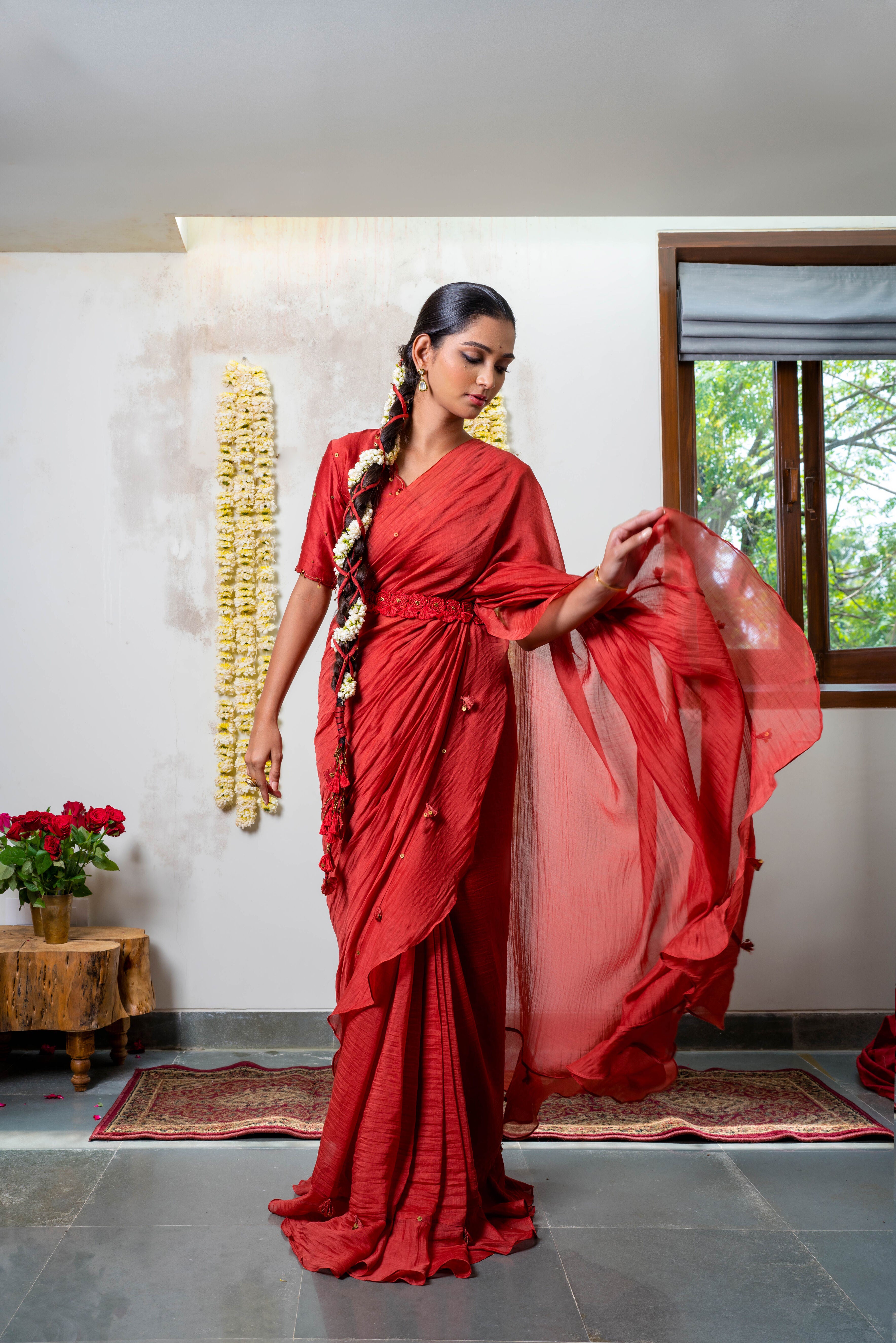 Red carnation saree