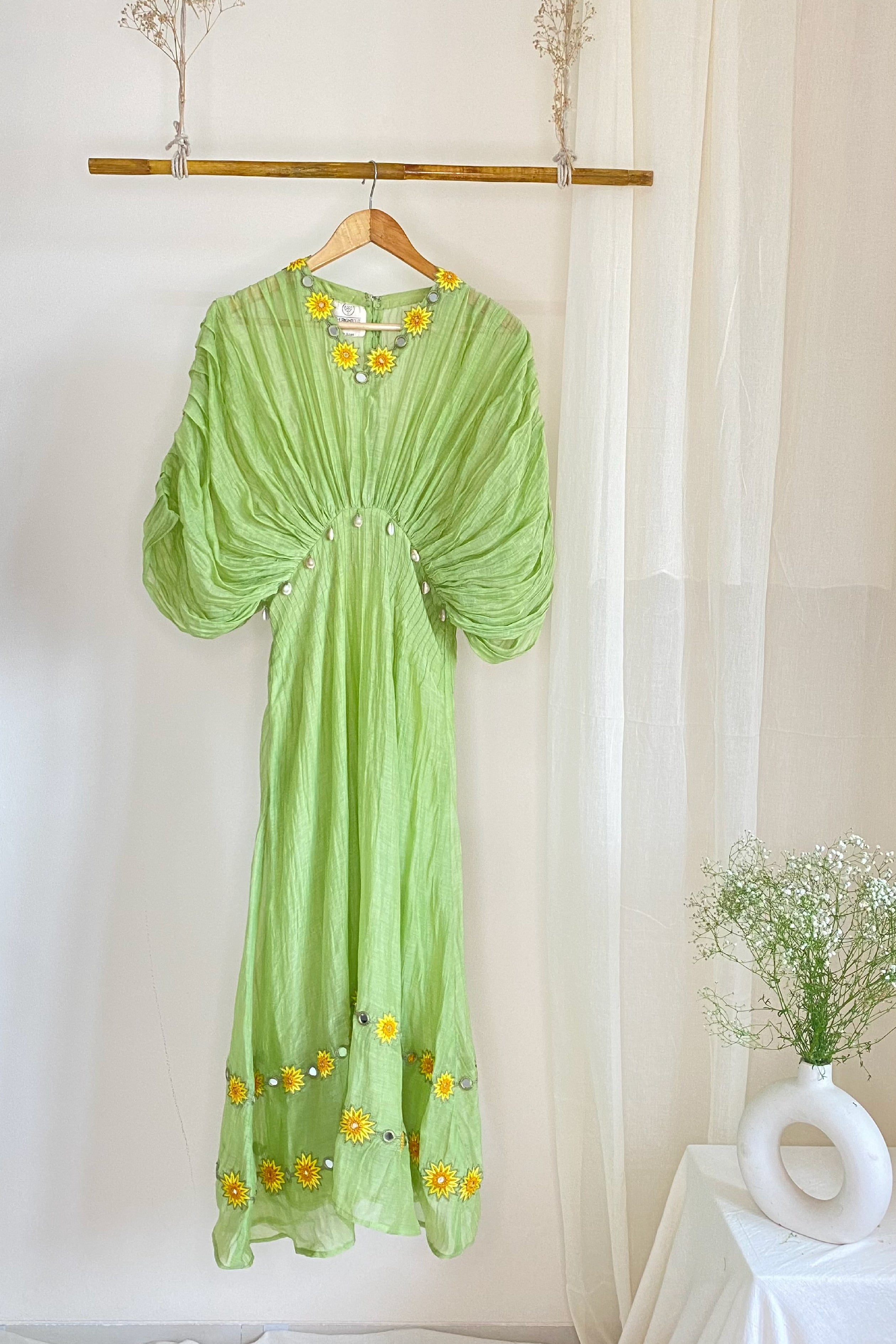 Green cotton chanderi hand embroidered dress The right cut store Green cotton chanderi hand embroidered dress The right cut store