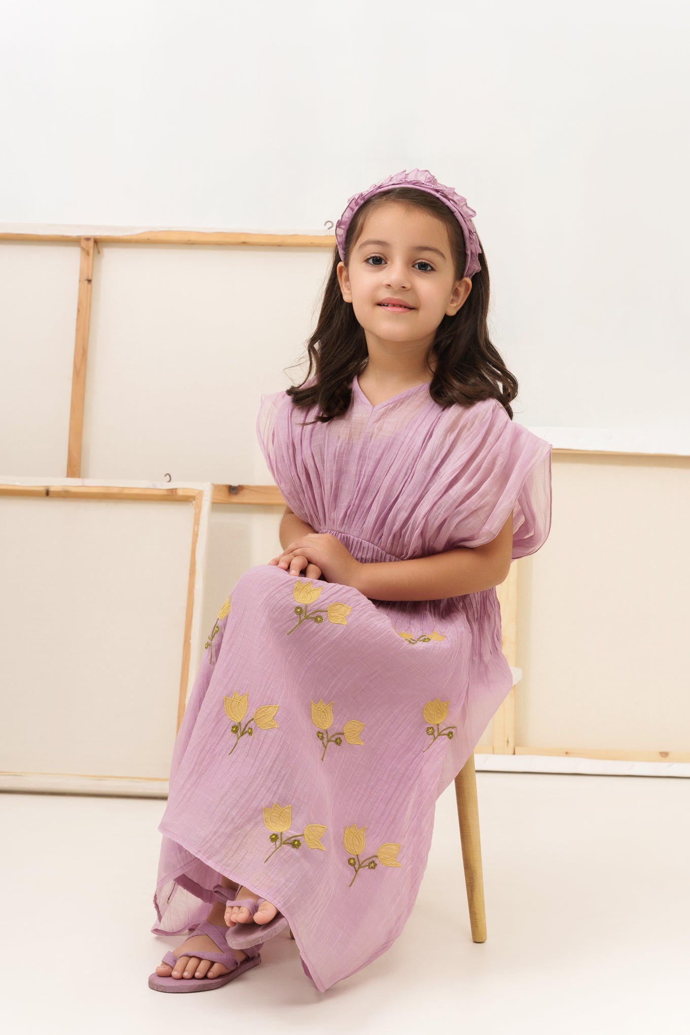 Lavender chanderi silk hand embroidered dress