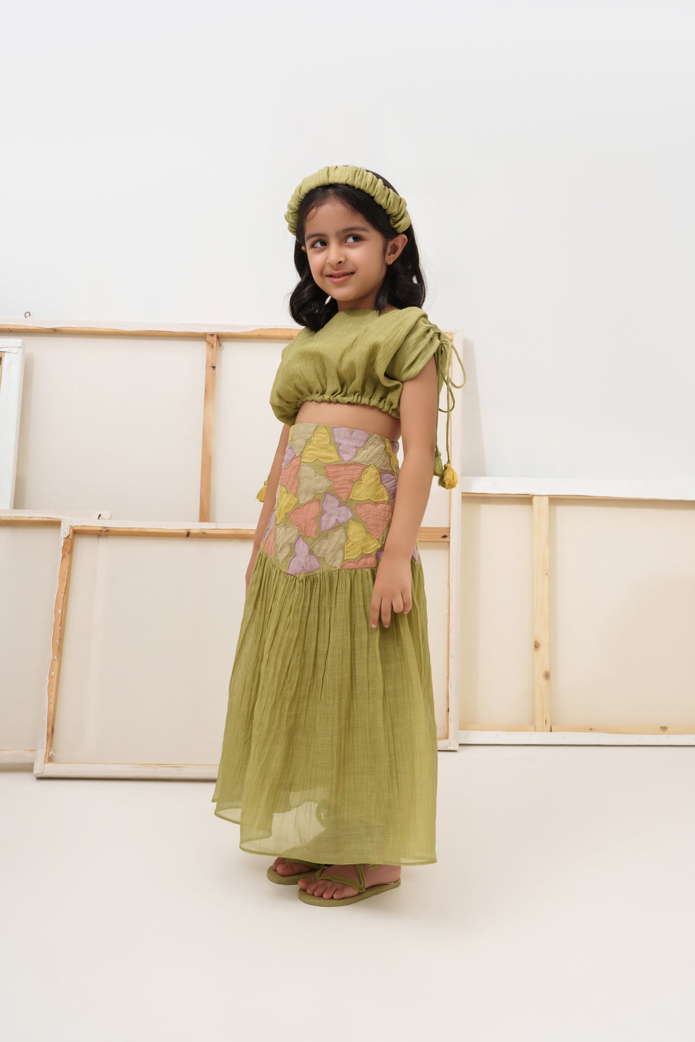 Green chanderi silk hand embroidered girls co-ord set