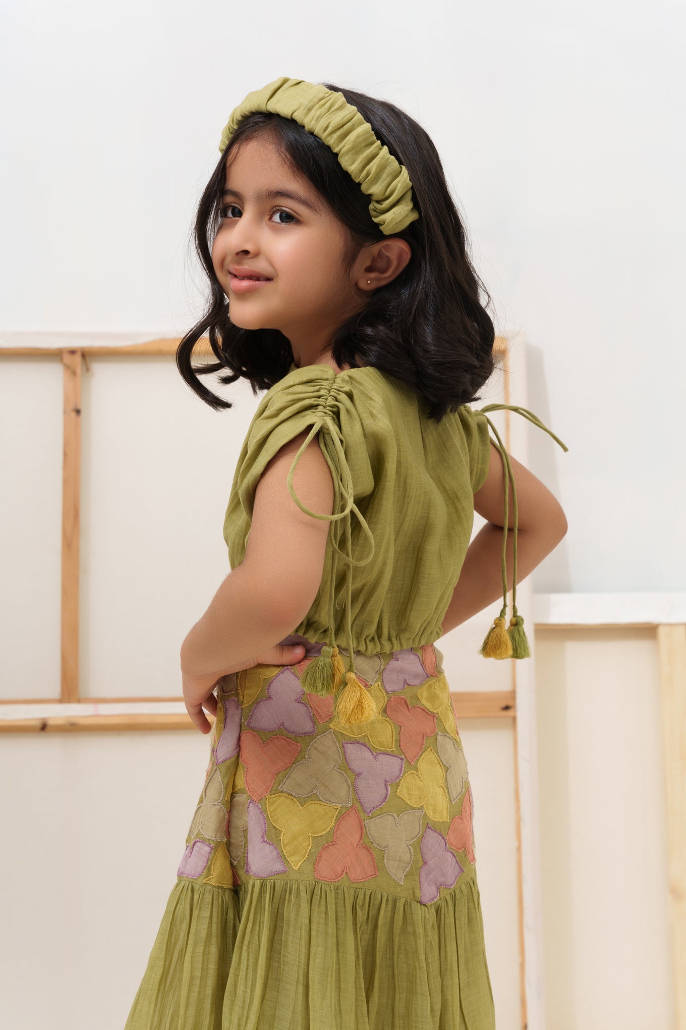 Green chanderi silk hand embroidered girls co-ord set