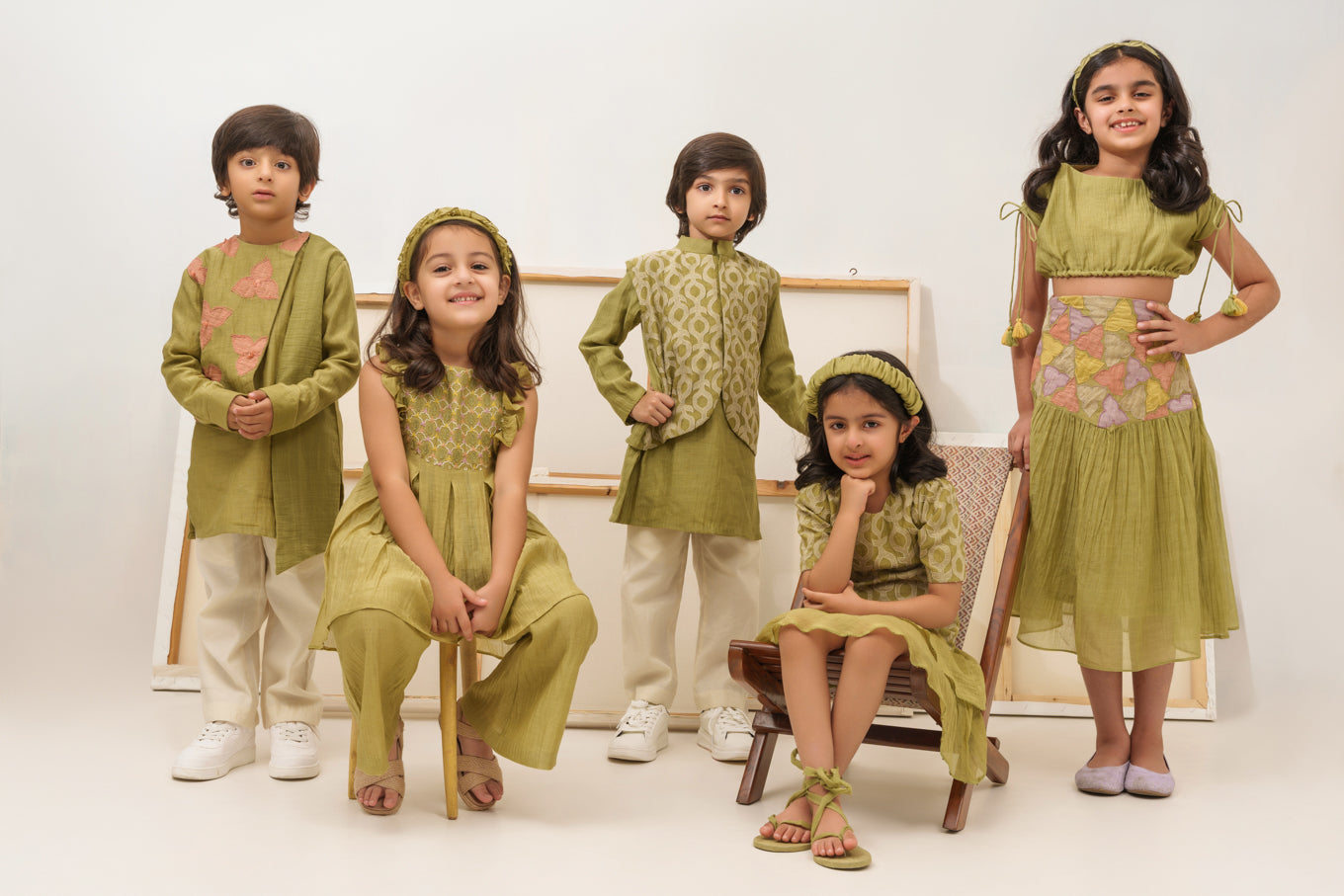 Green chanderi silk hand embroidered girls co-ord set