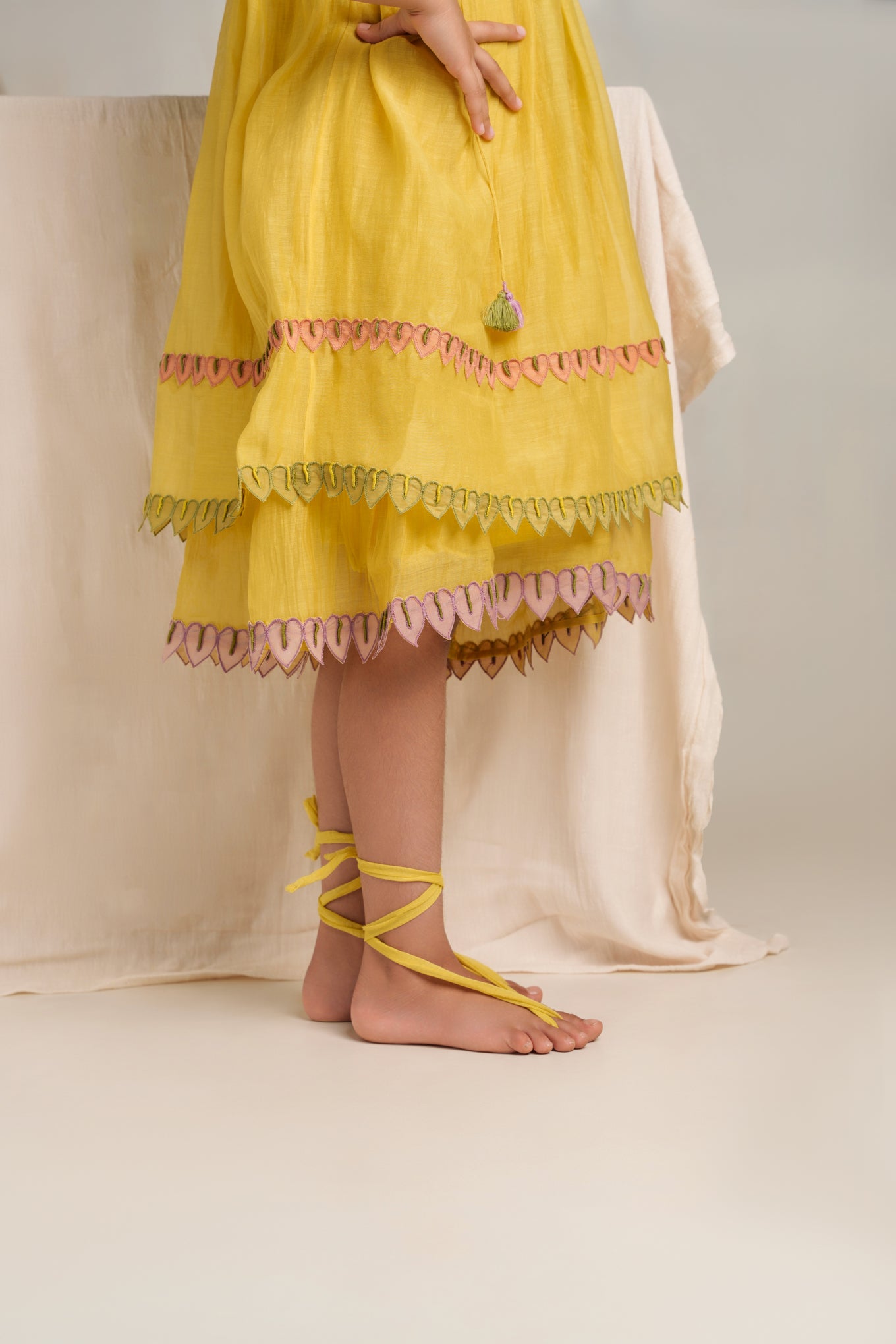 Yellow chanderi silk hand embroidered dress