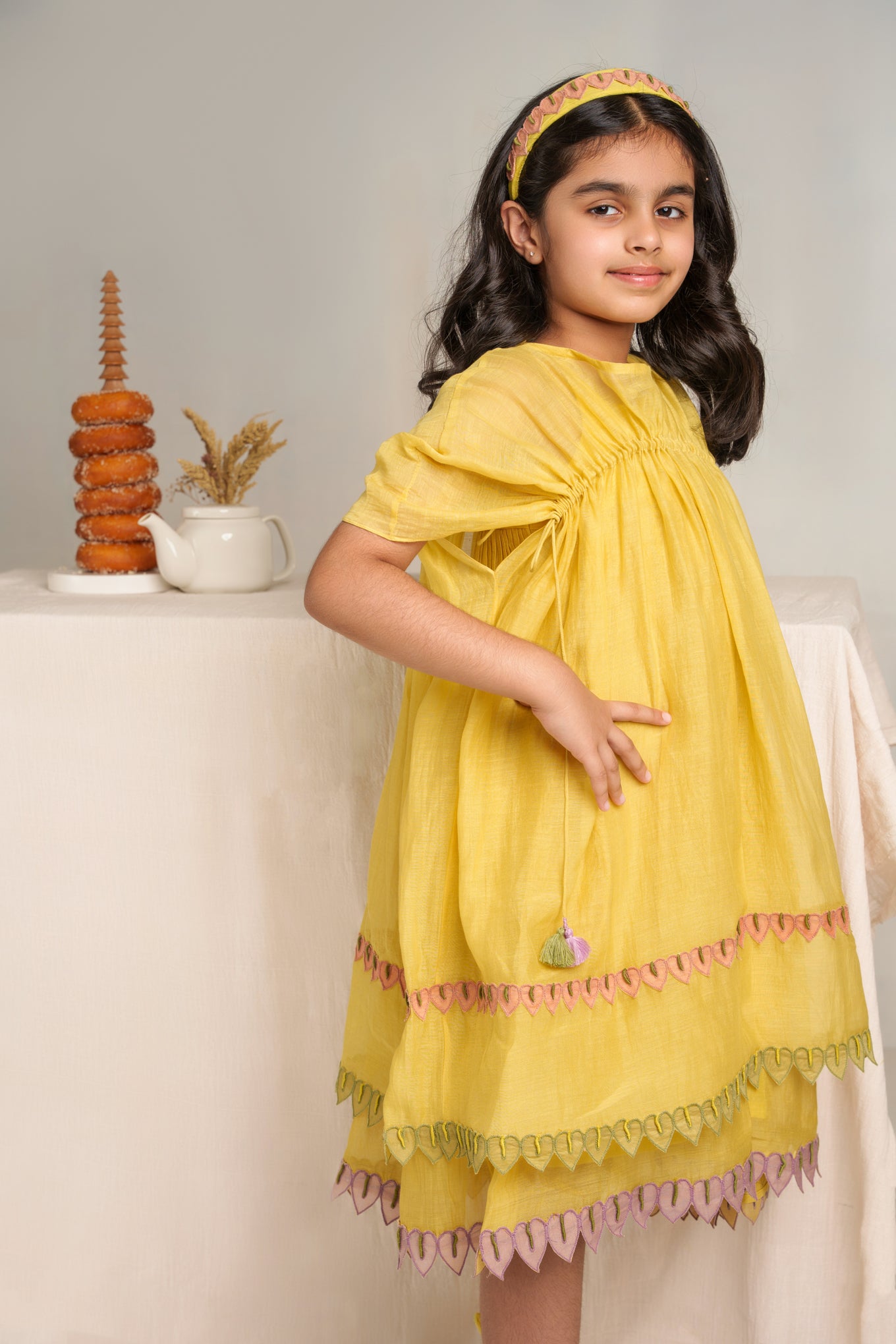 Yellow chanderi silk hand embroidered dress