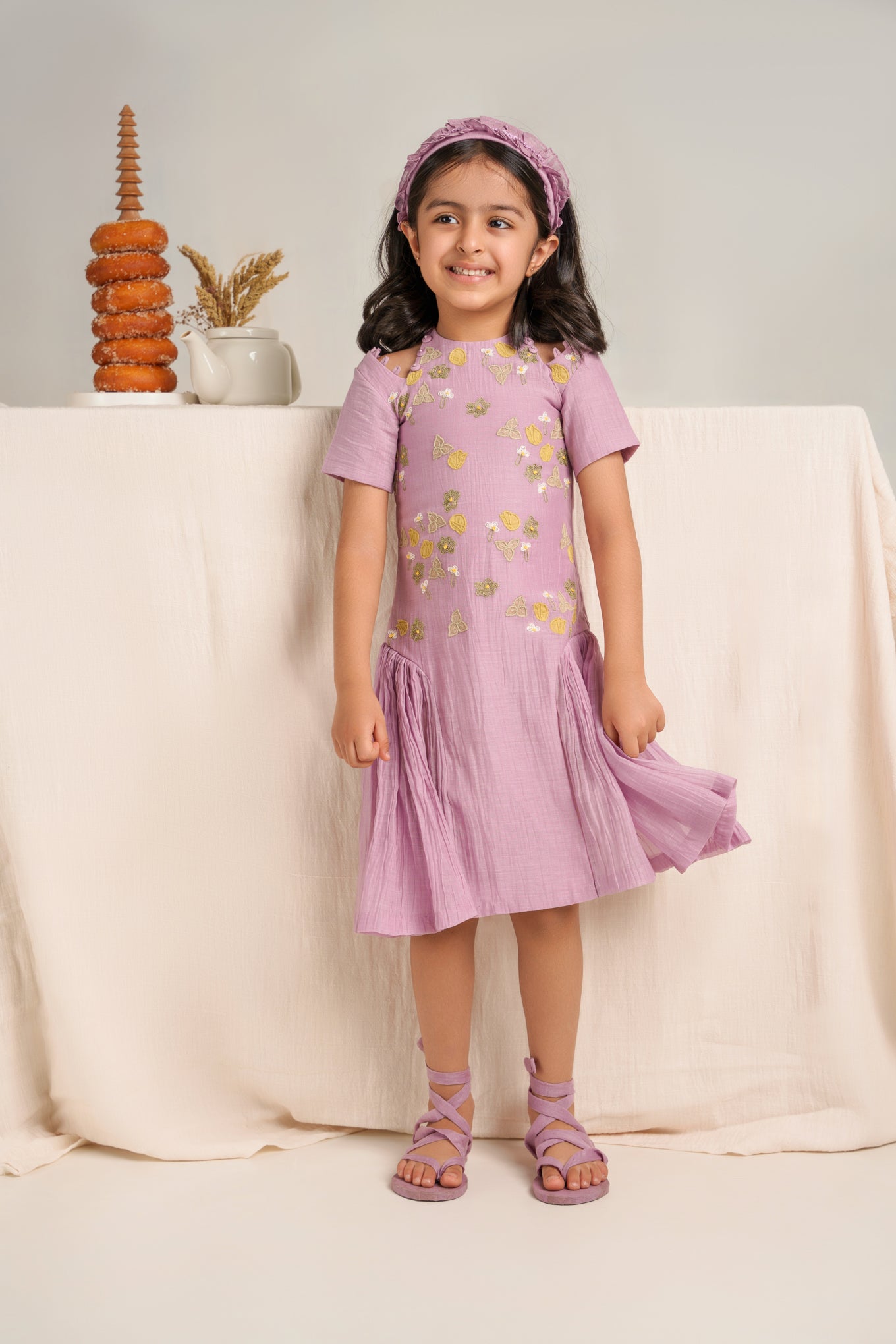 Lavender chanderi silk hand embroidered dress
