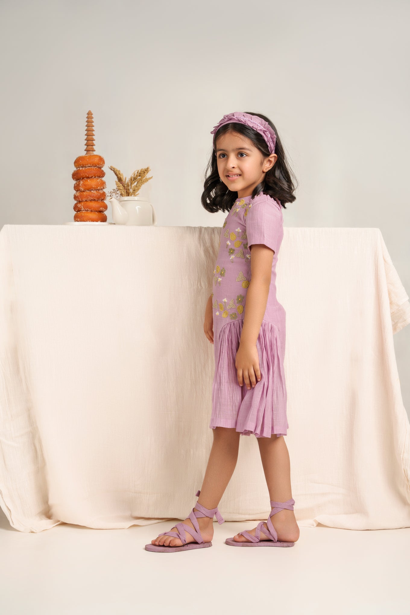 Lavender chanderi silk hand embroidered dress