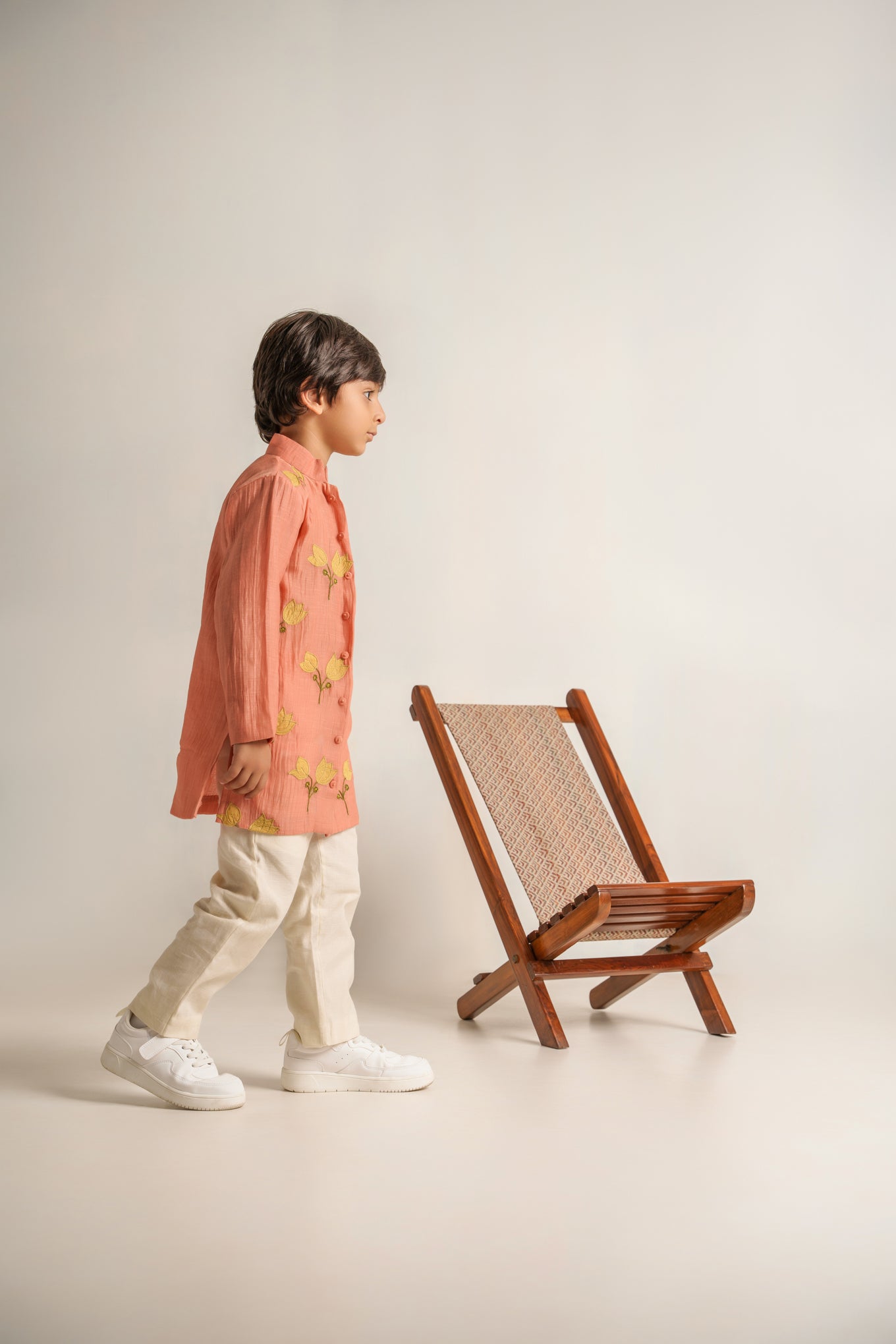 Peach chanderi silk hand embroidered kurta set