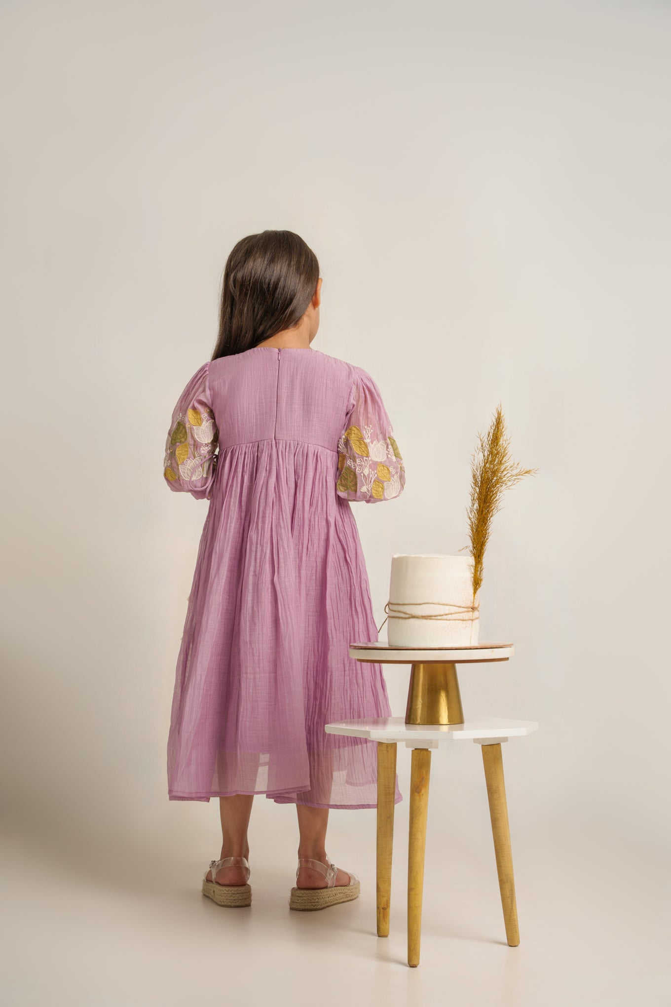 Lavender chanderi silk hand embroidered dress