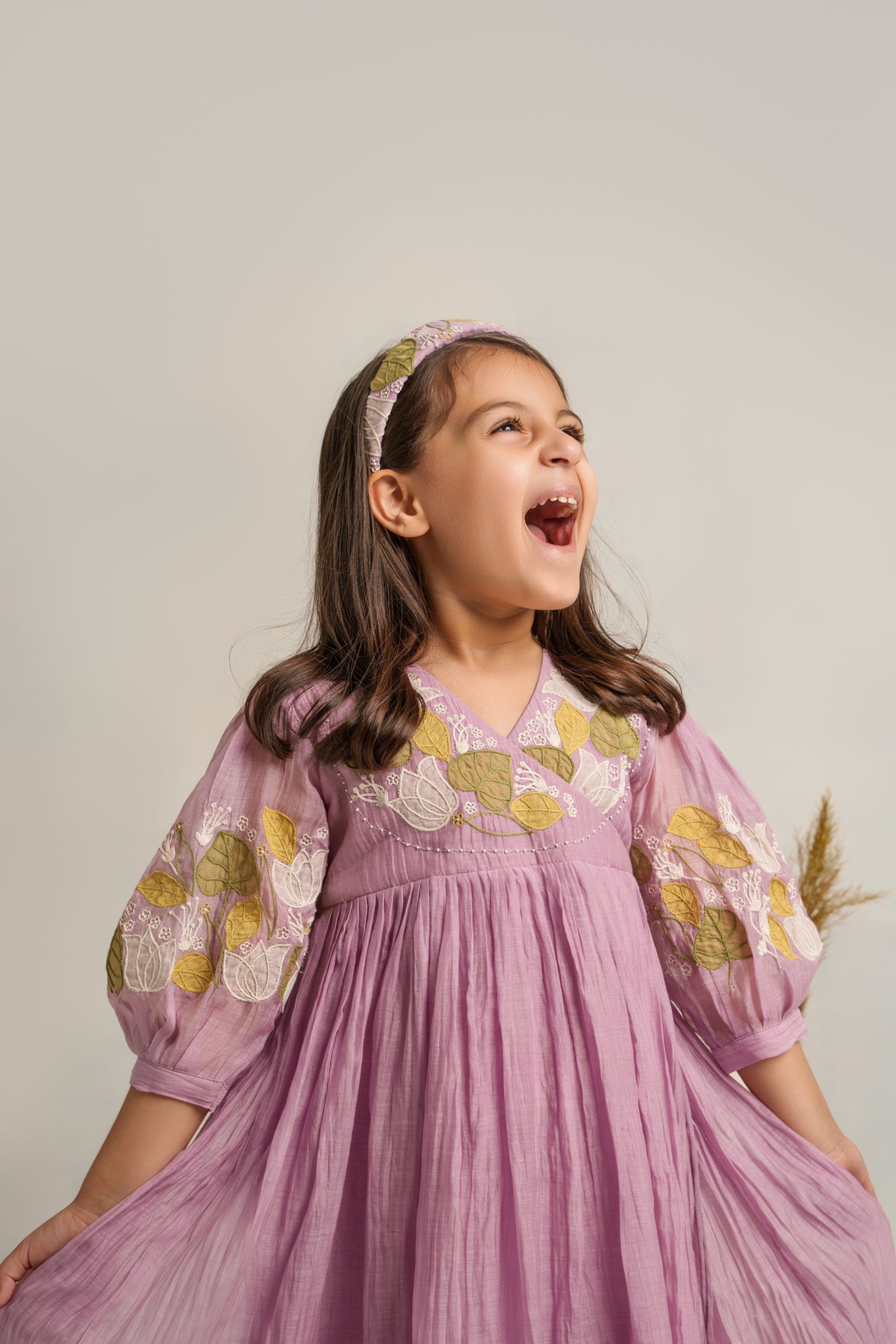Lavender chanderi silk hand embroidered dress