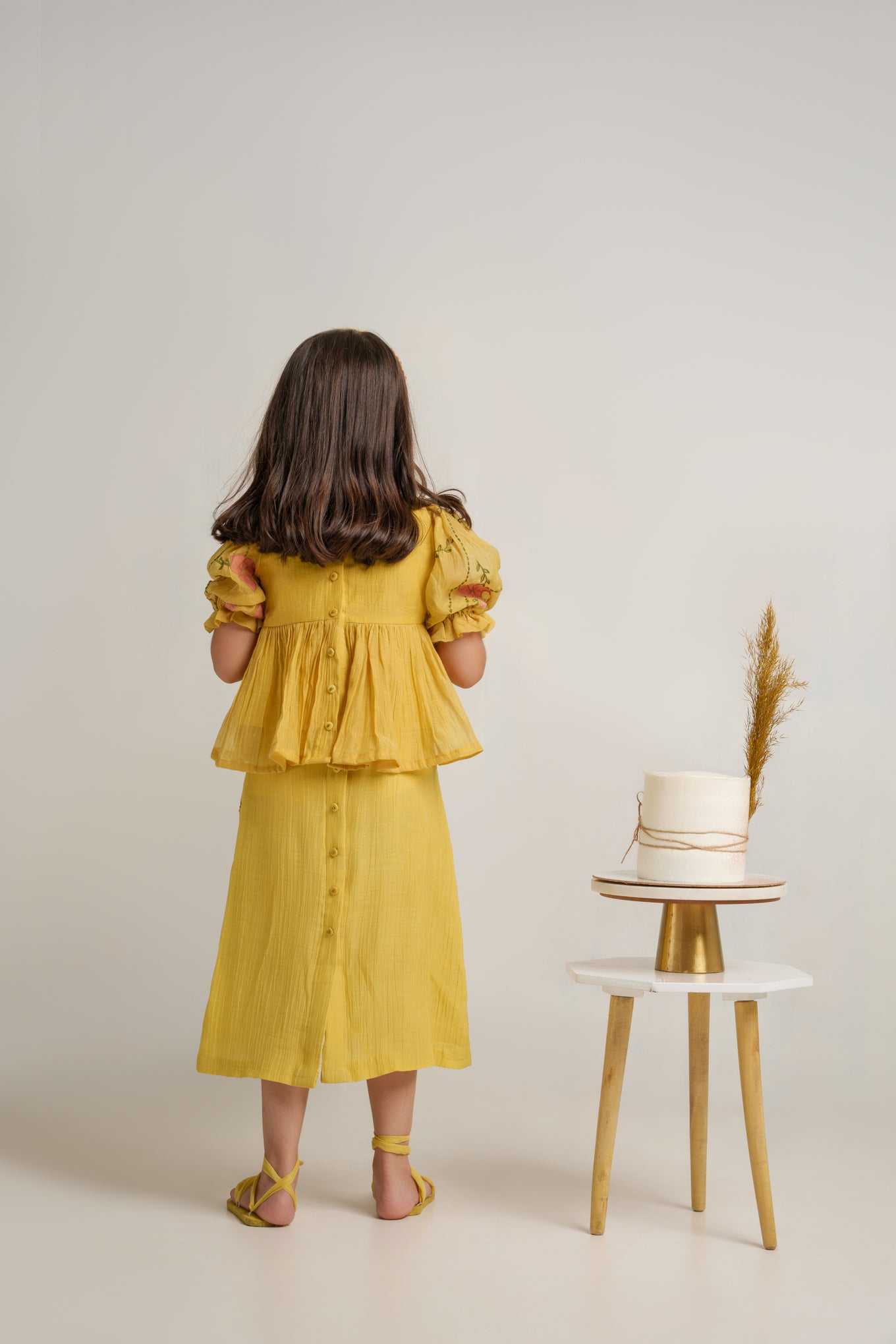 Yellow chanderi silk hand embroidered girls co-ord set