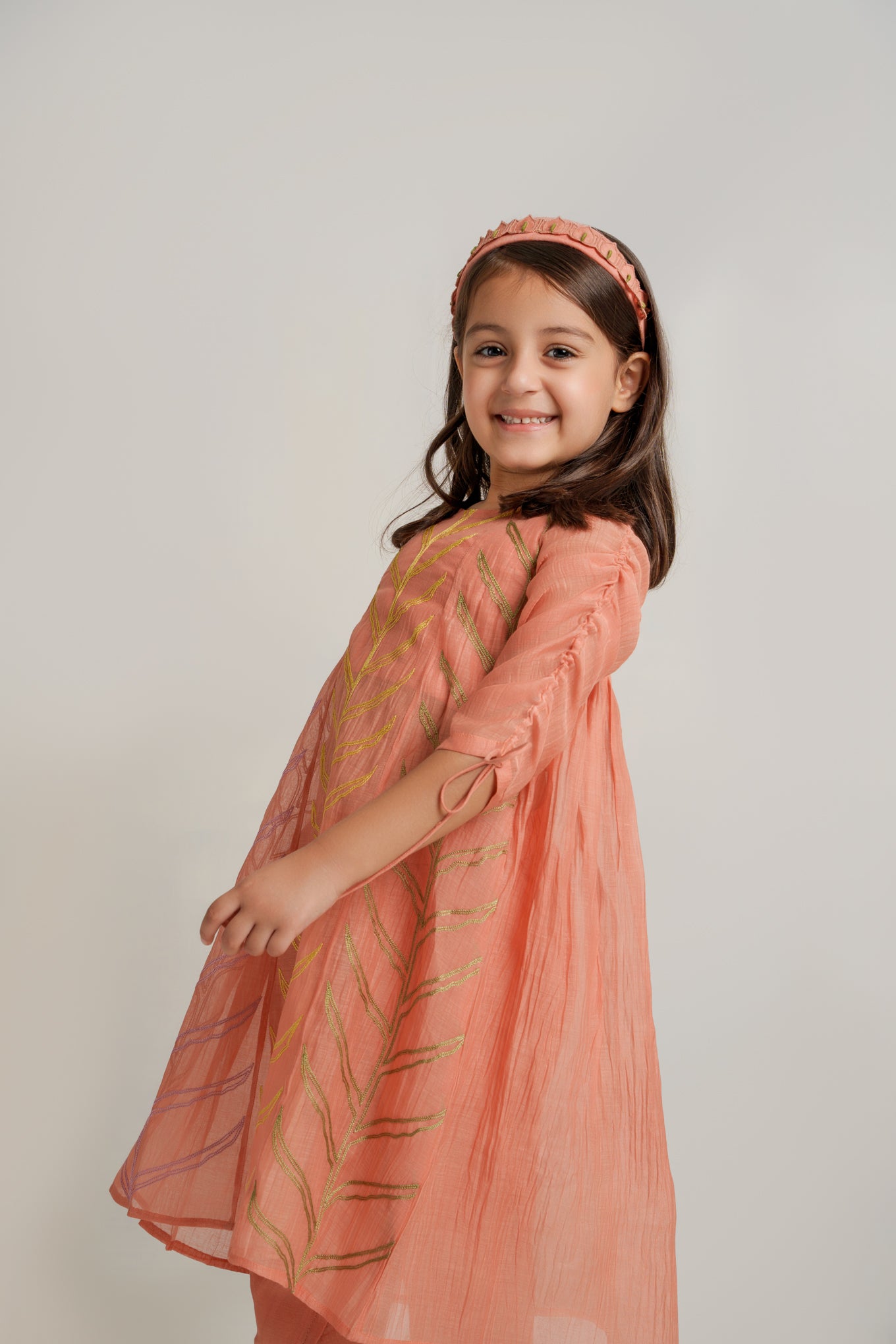 Peach chanderi silk hand embroidered kurta set