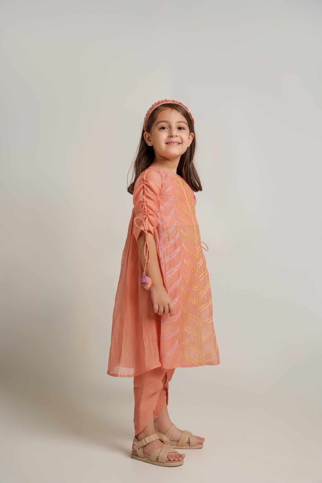 Peach chanderi silk hand embroidered kurta set