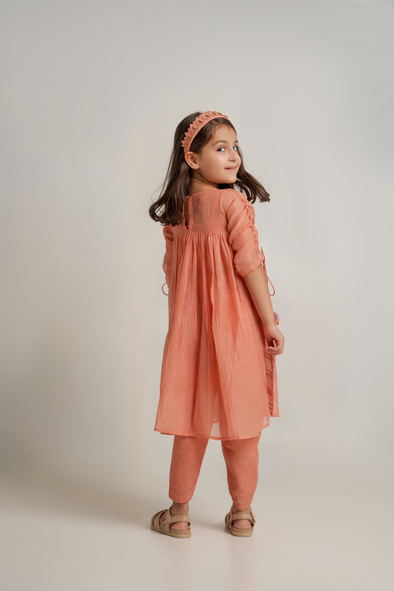 Peach chanderi silk hand embroidered kurta set