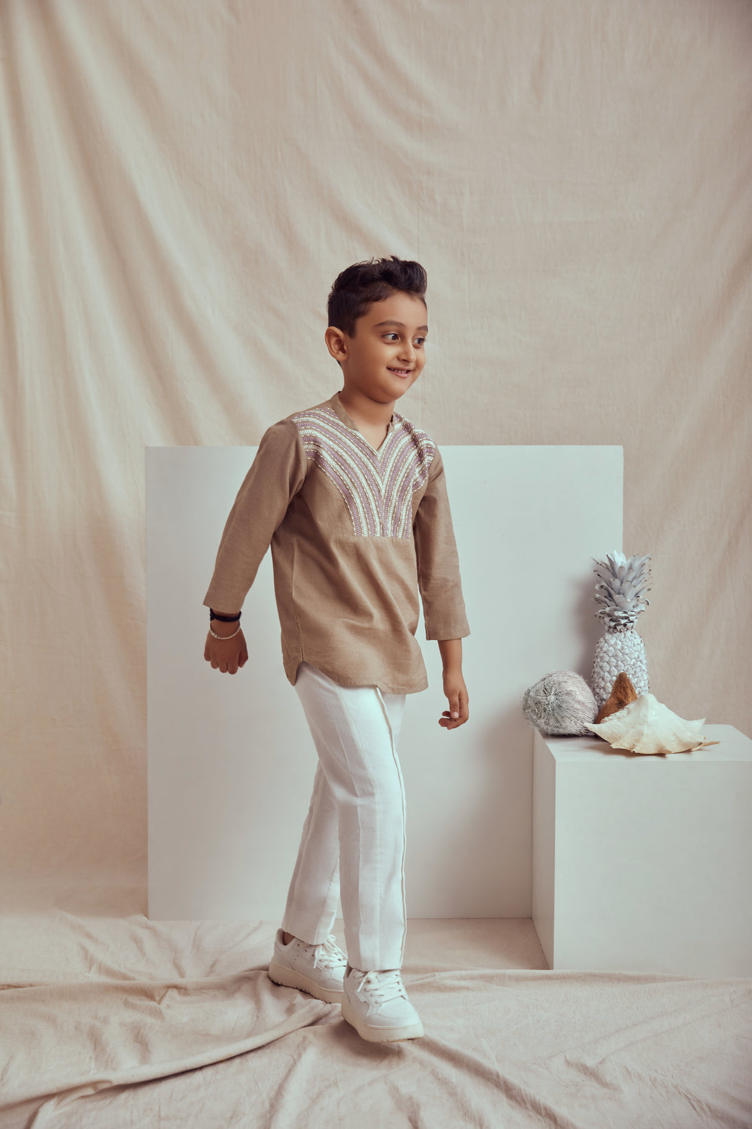 Linen beige hand embroidered kurta shirt and white pleated pants
