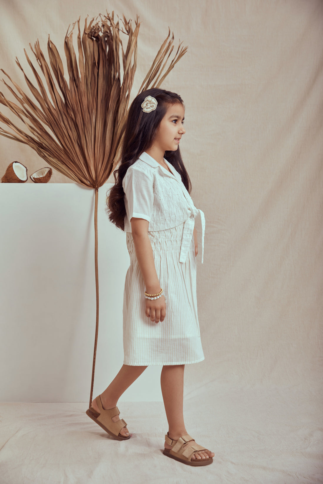 White linen smocking short jacket set with stripe printed dress