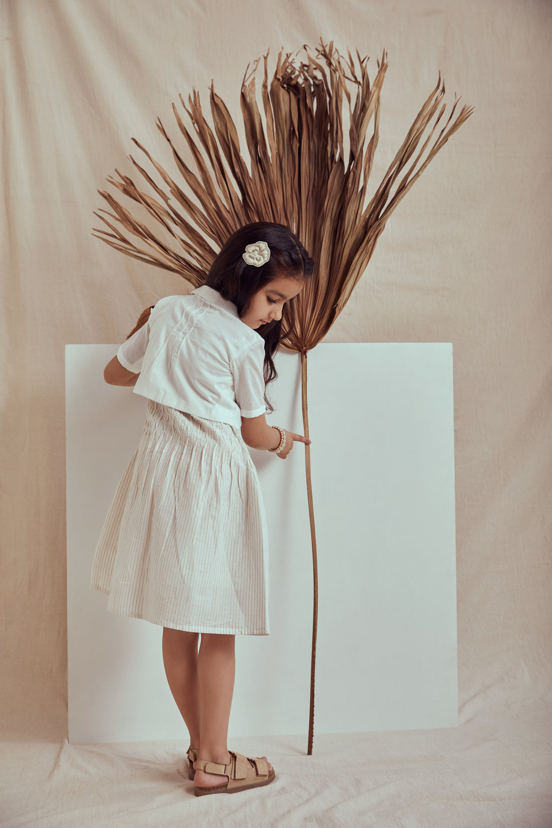 White linen smocking short jacket set with stripe printed dress