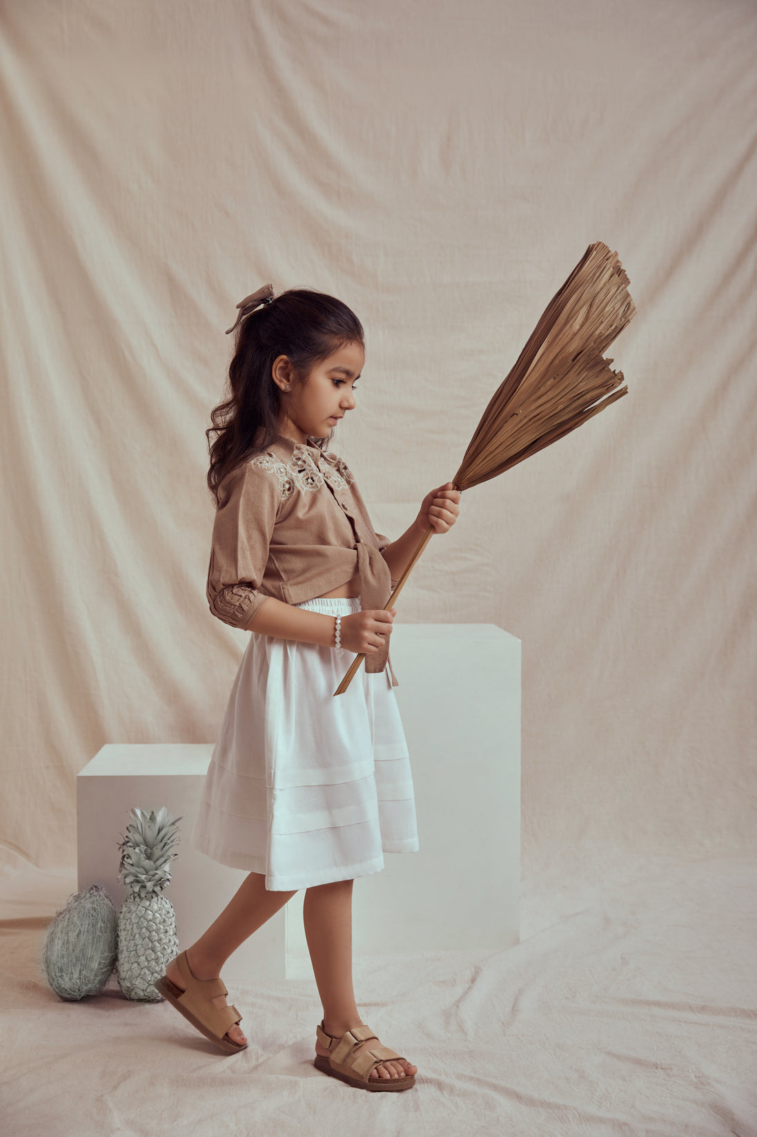 Beige linen tie up top and white flared skirt set