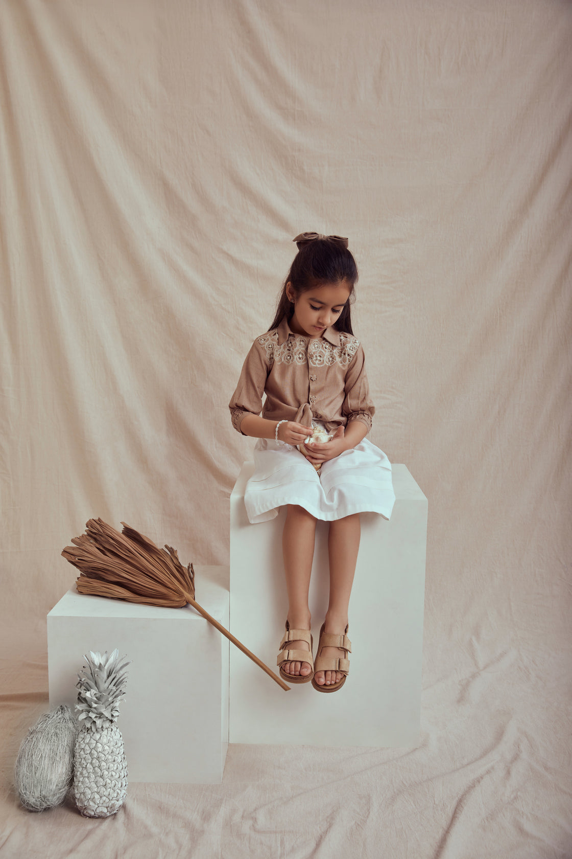 Beige linen tie up top and white flared skirt set