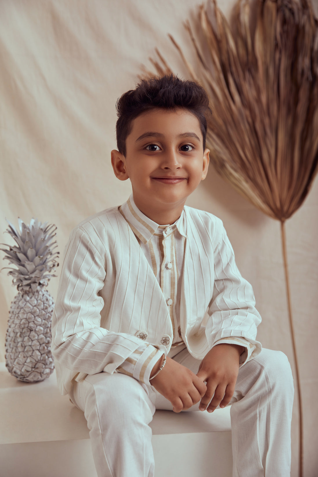 White linen jacket set with cotton stripe printed shirt