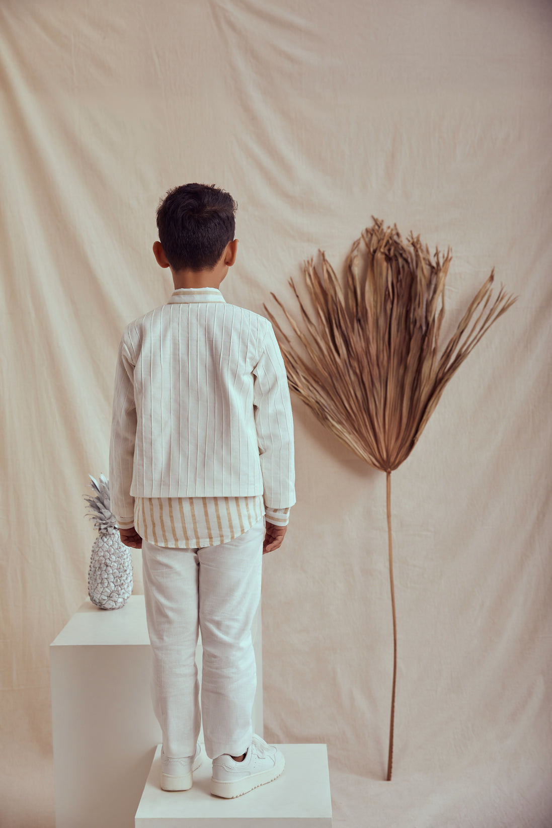 White linen jacket set with cotton stripe printed shirt
