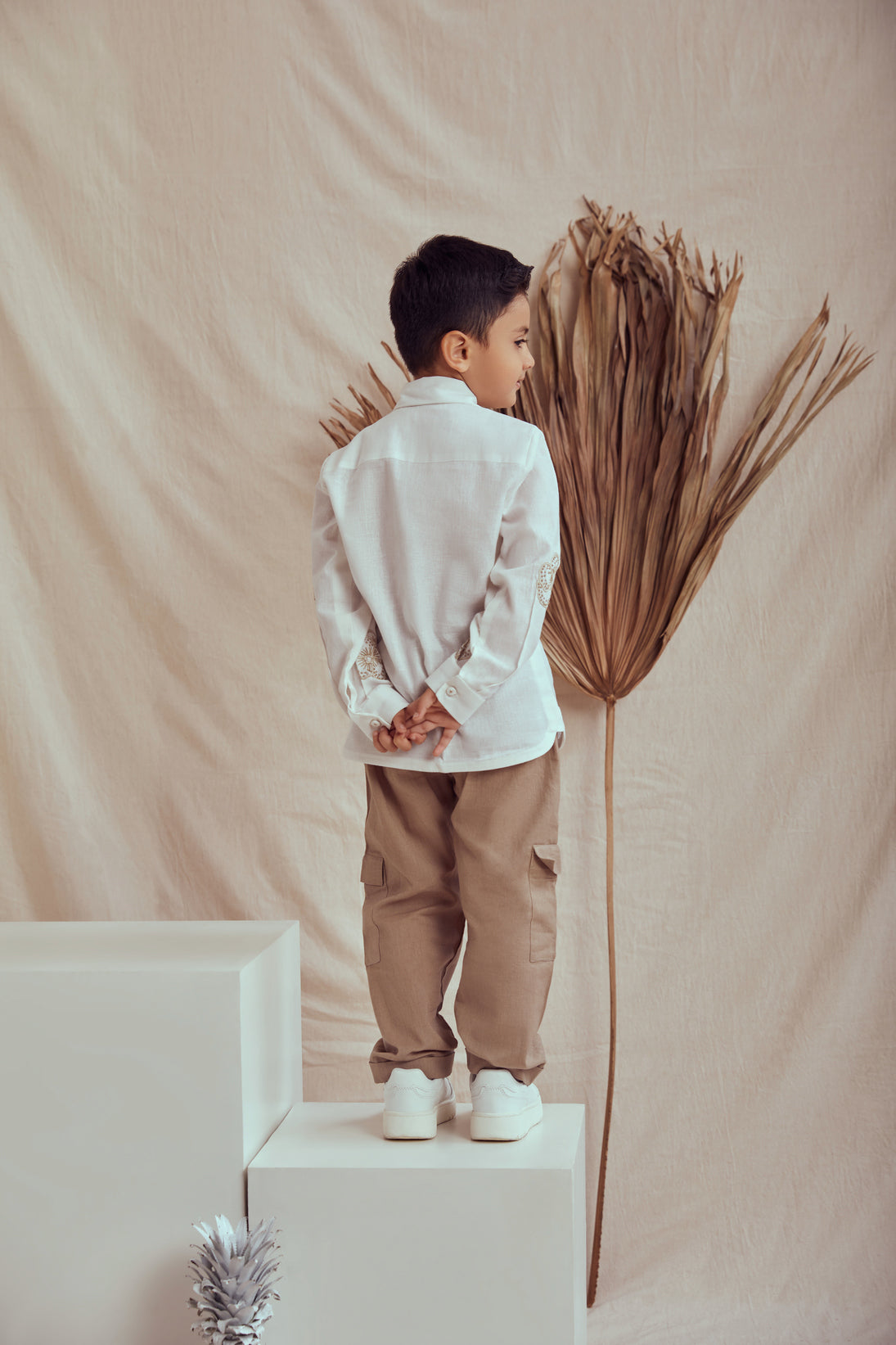 Linen set with hand embroidered white shirt and beige pants