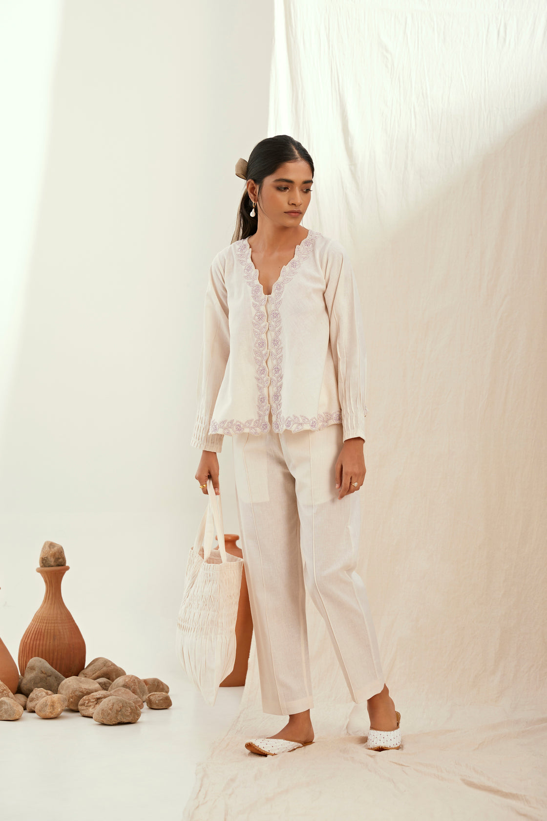 Oatmilk linen hand embroidery a-line cut short top