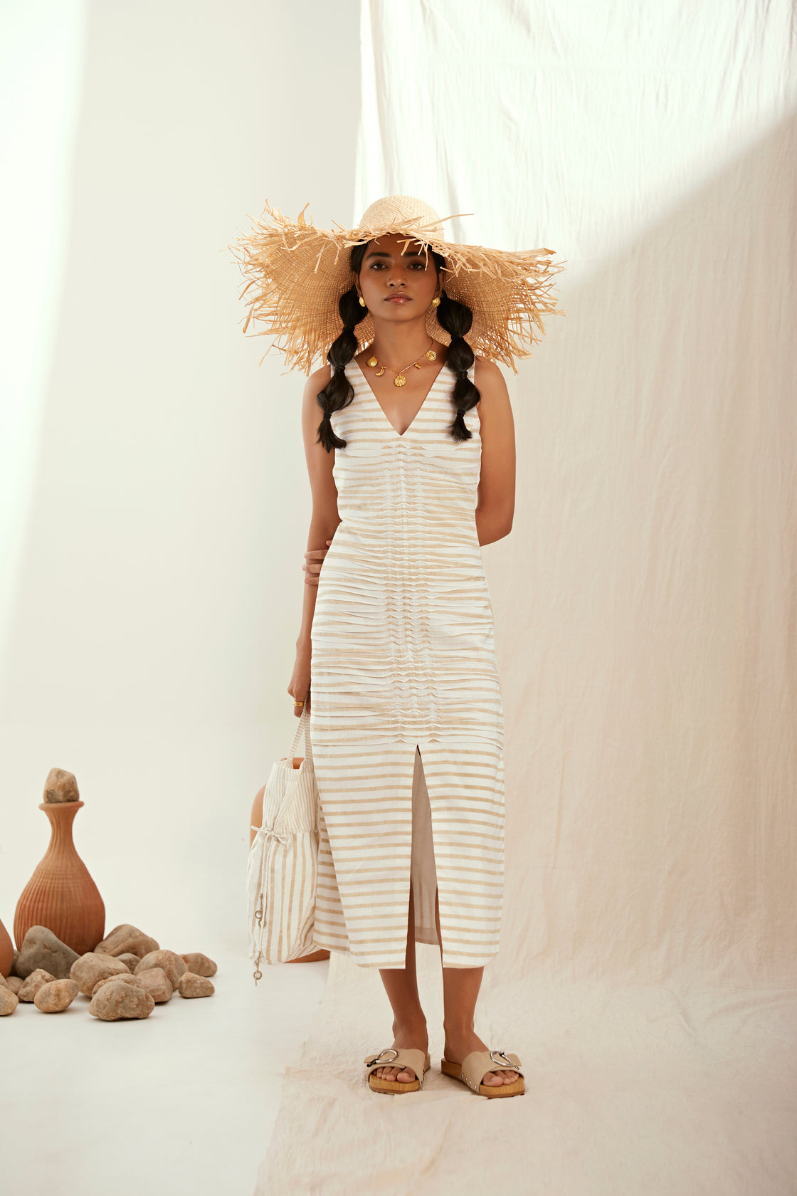Cotton stripe printed long dress