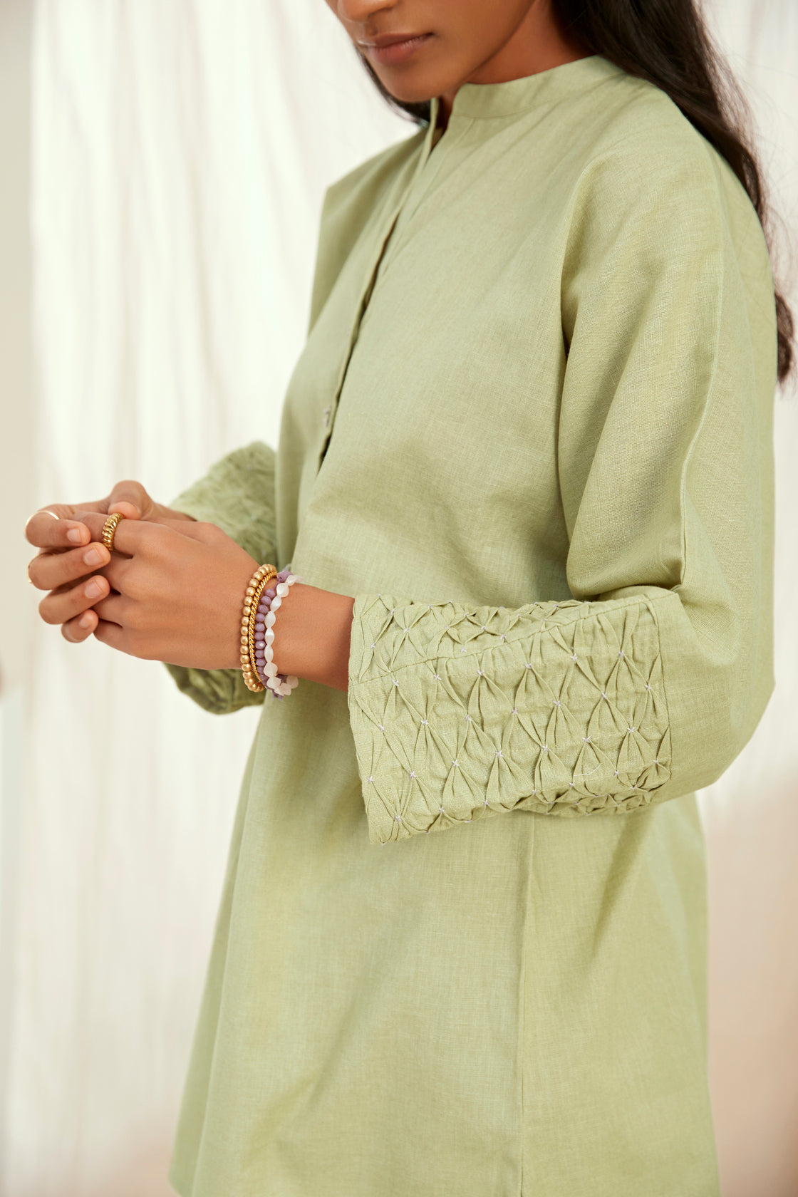 Green linen short kurta set