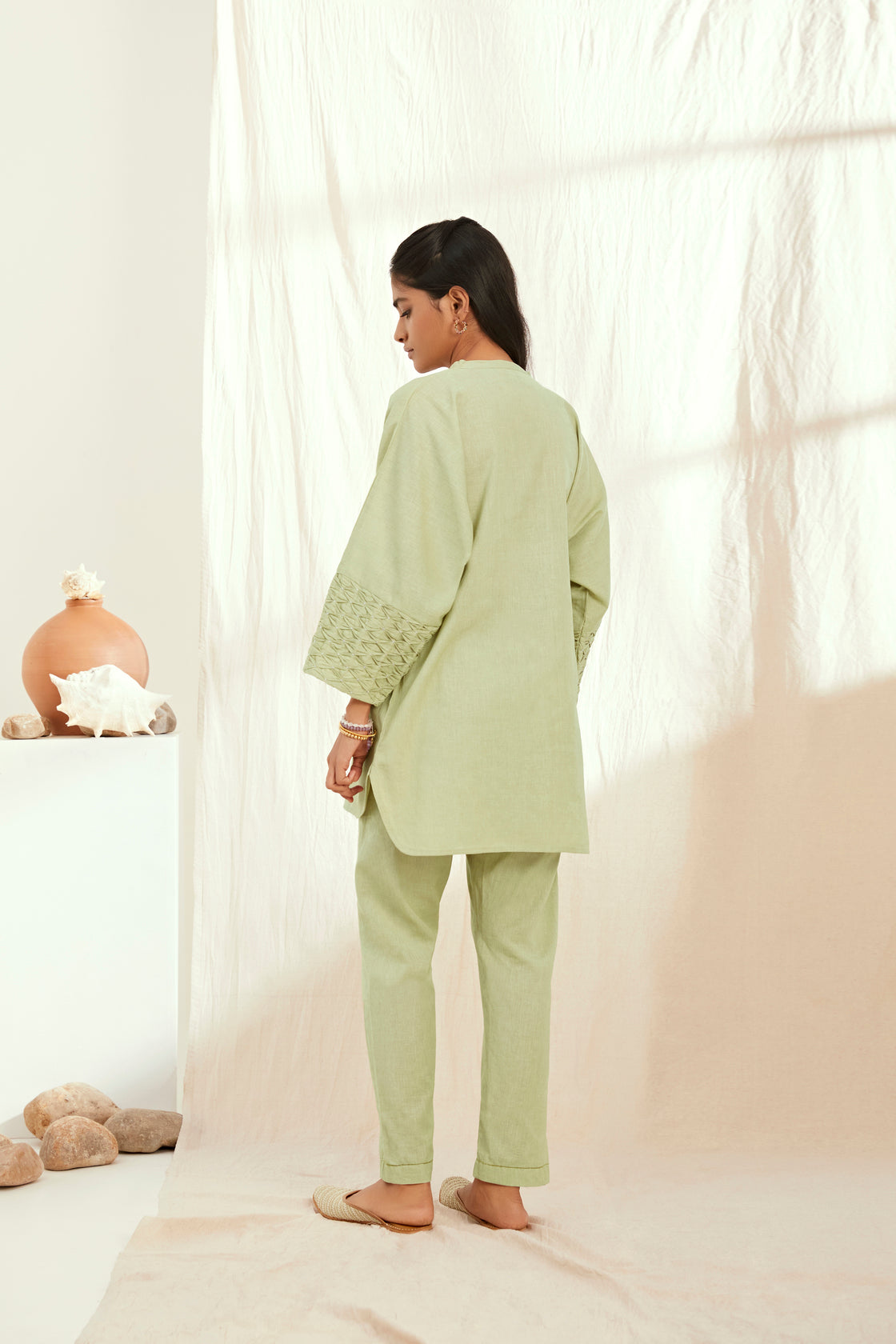 Green linen short kurta set