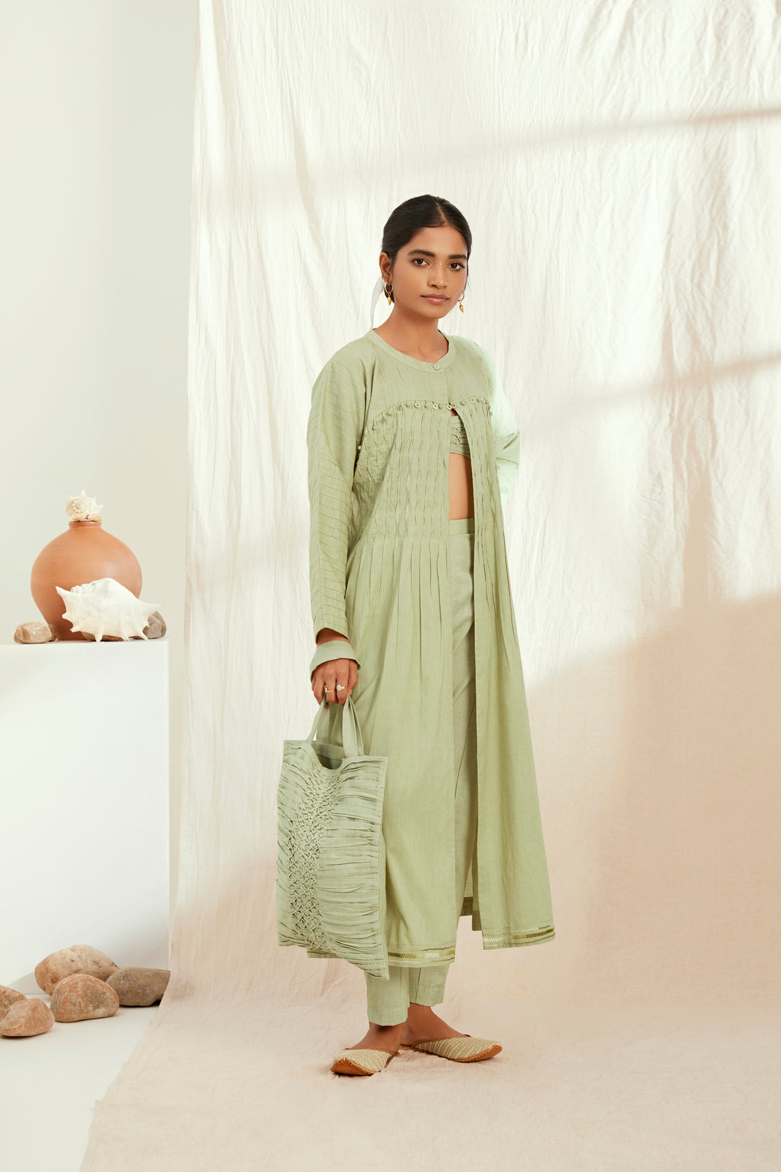 Green cotton and linen jacket co-ord set