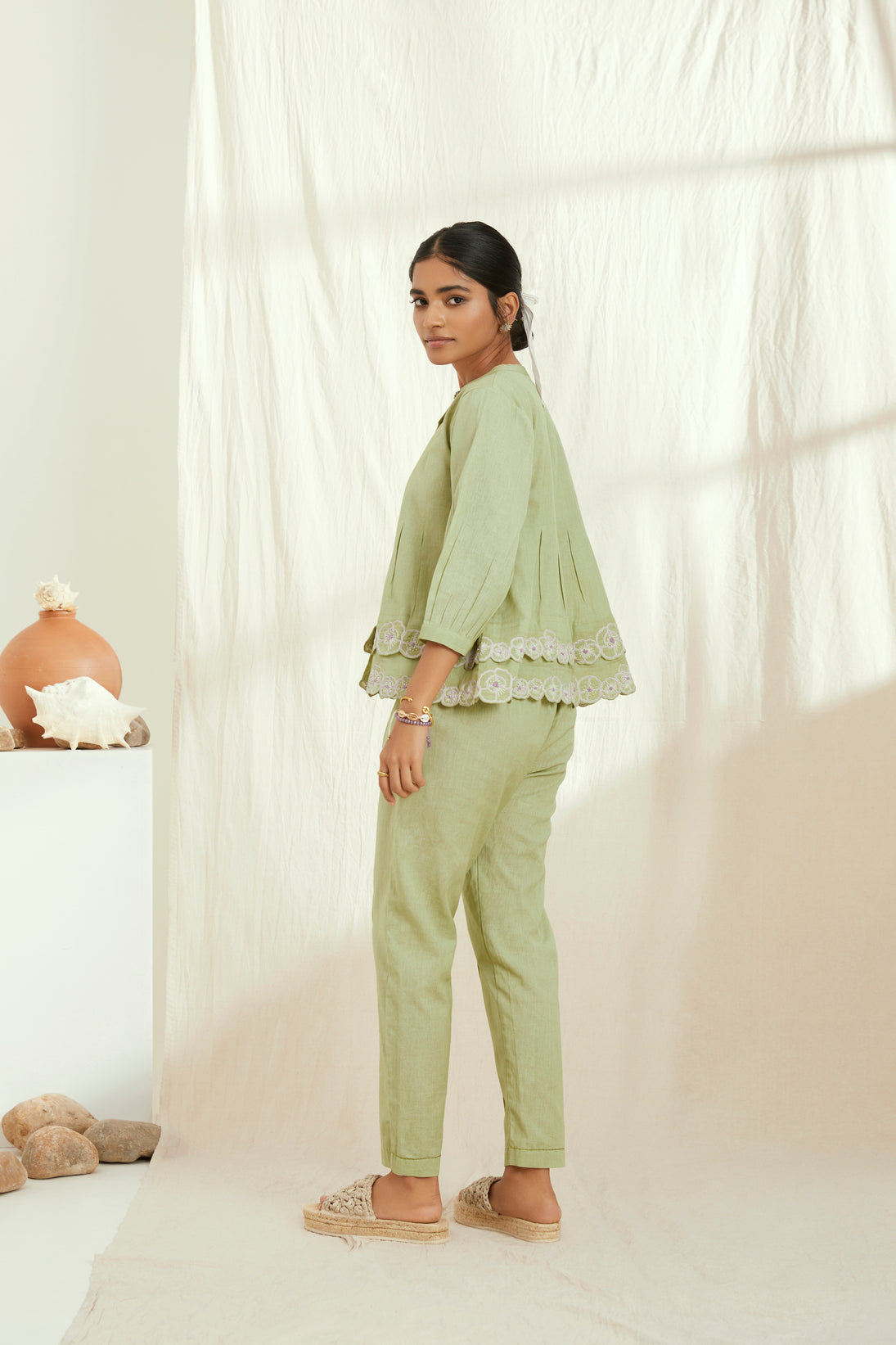 Green linen hand embroidered co-ord set