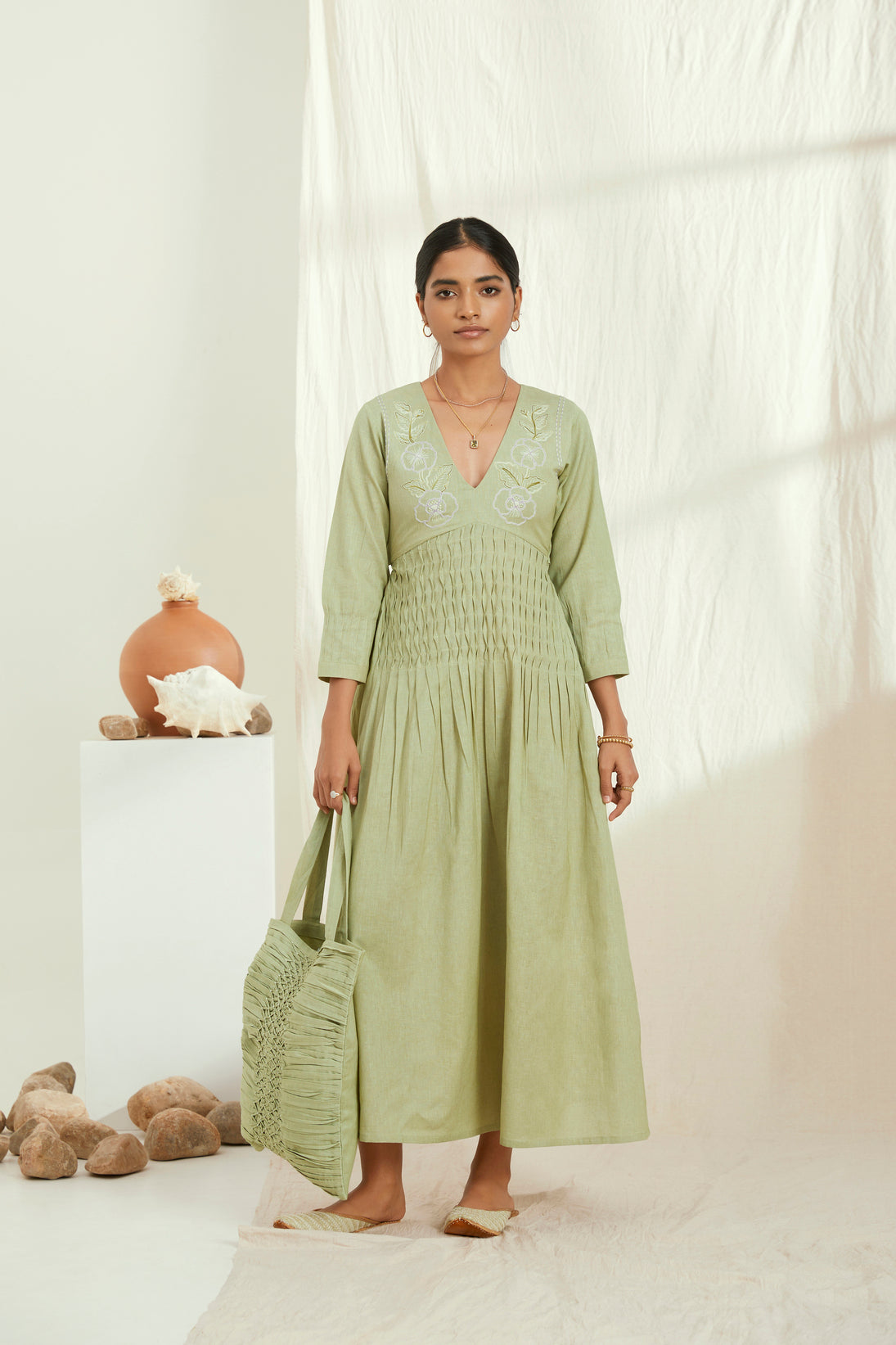 Green linen long dress with hand embroidered yoke
