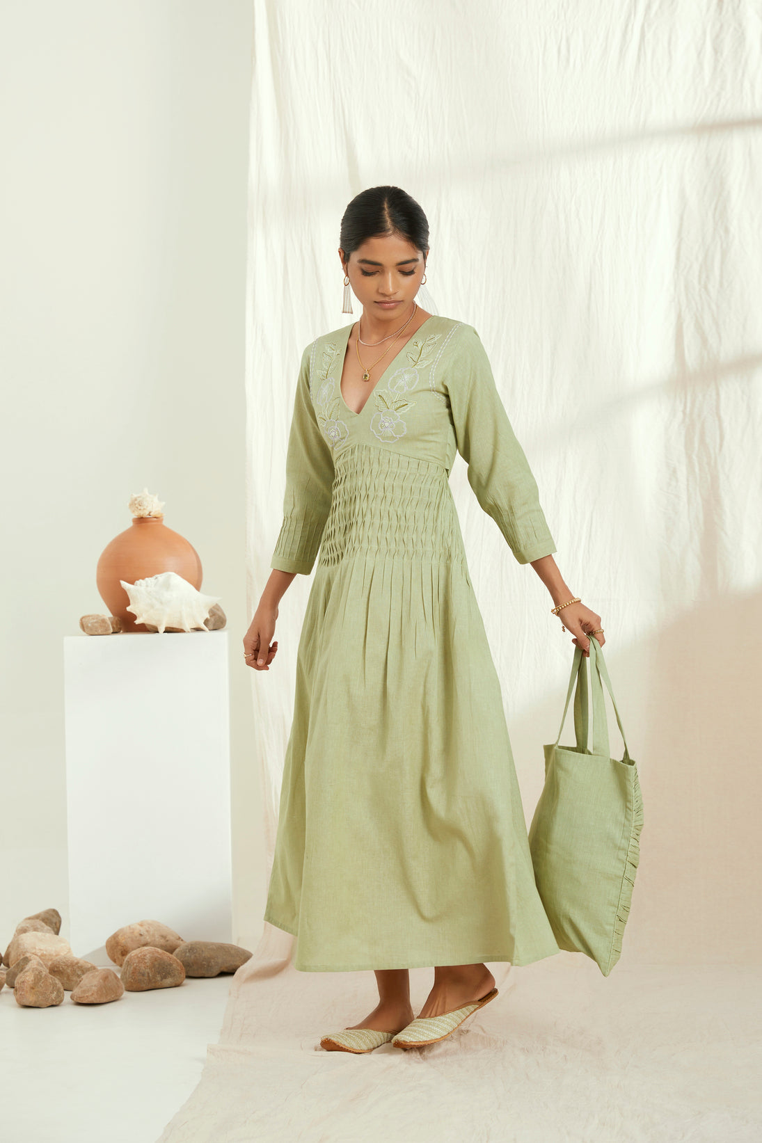 Green linen long dress with hand embroidered yoke