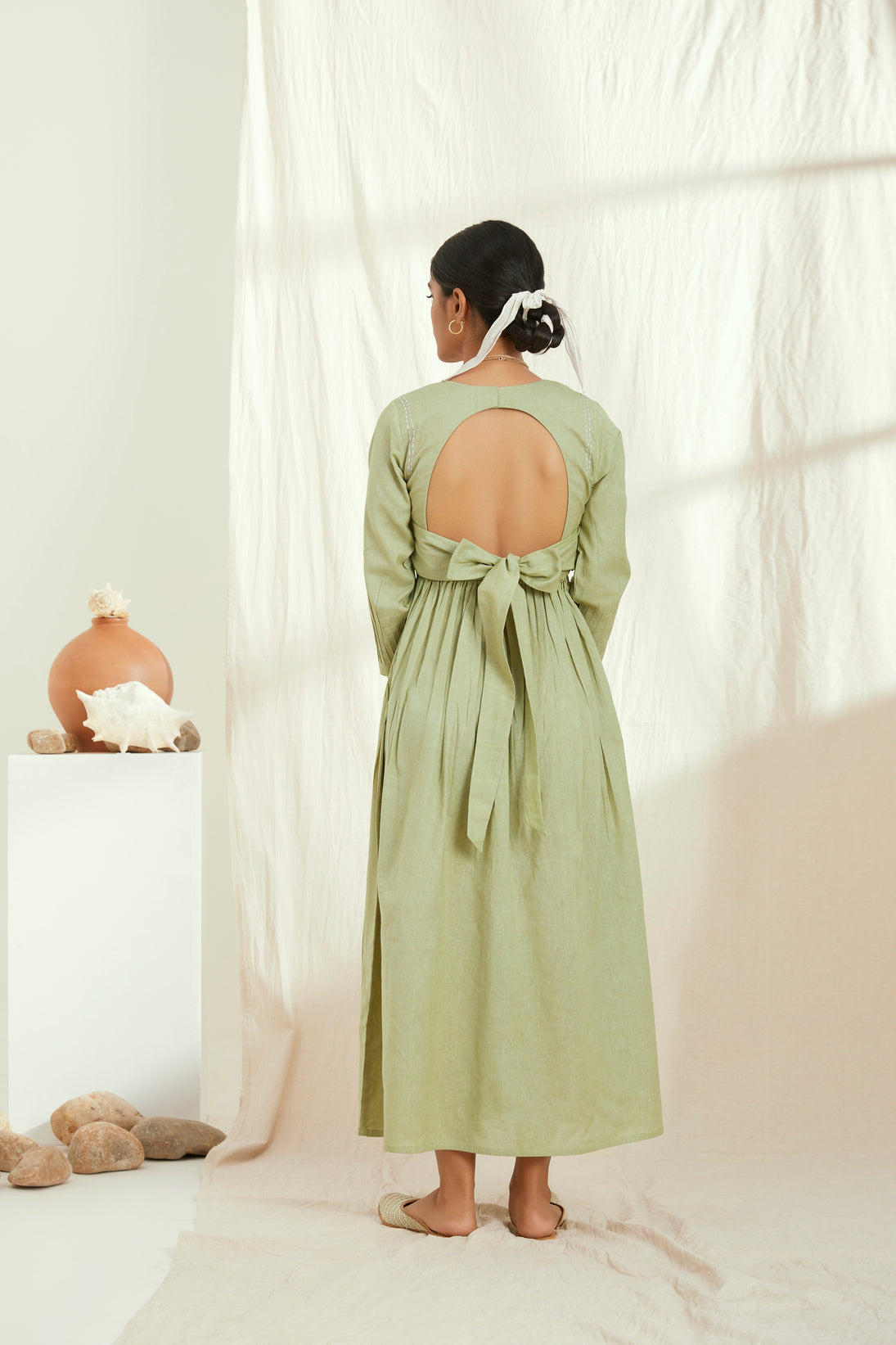 Green linen long dress with hand embroidered yoke