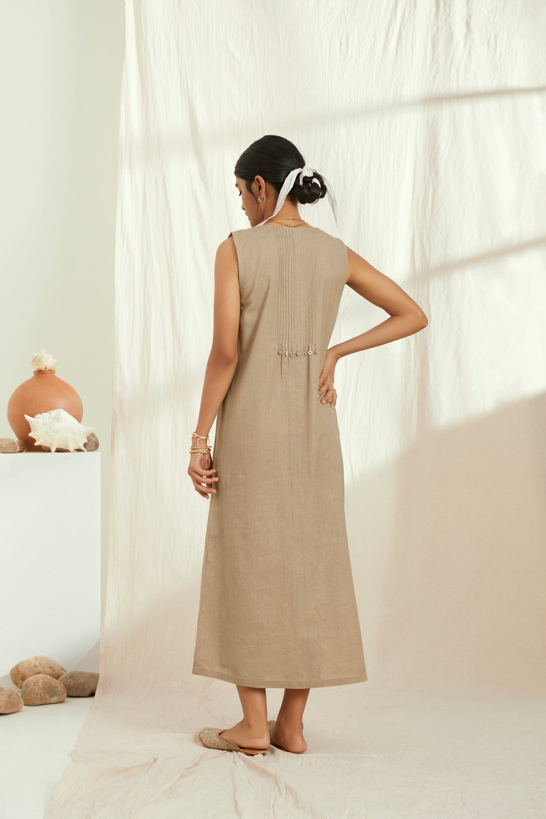 Beige linen long dress with hand embroidery