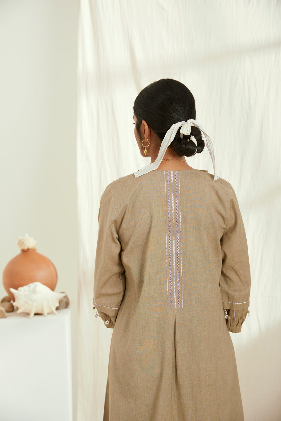 Beige linen long jacket set with hand embroidery