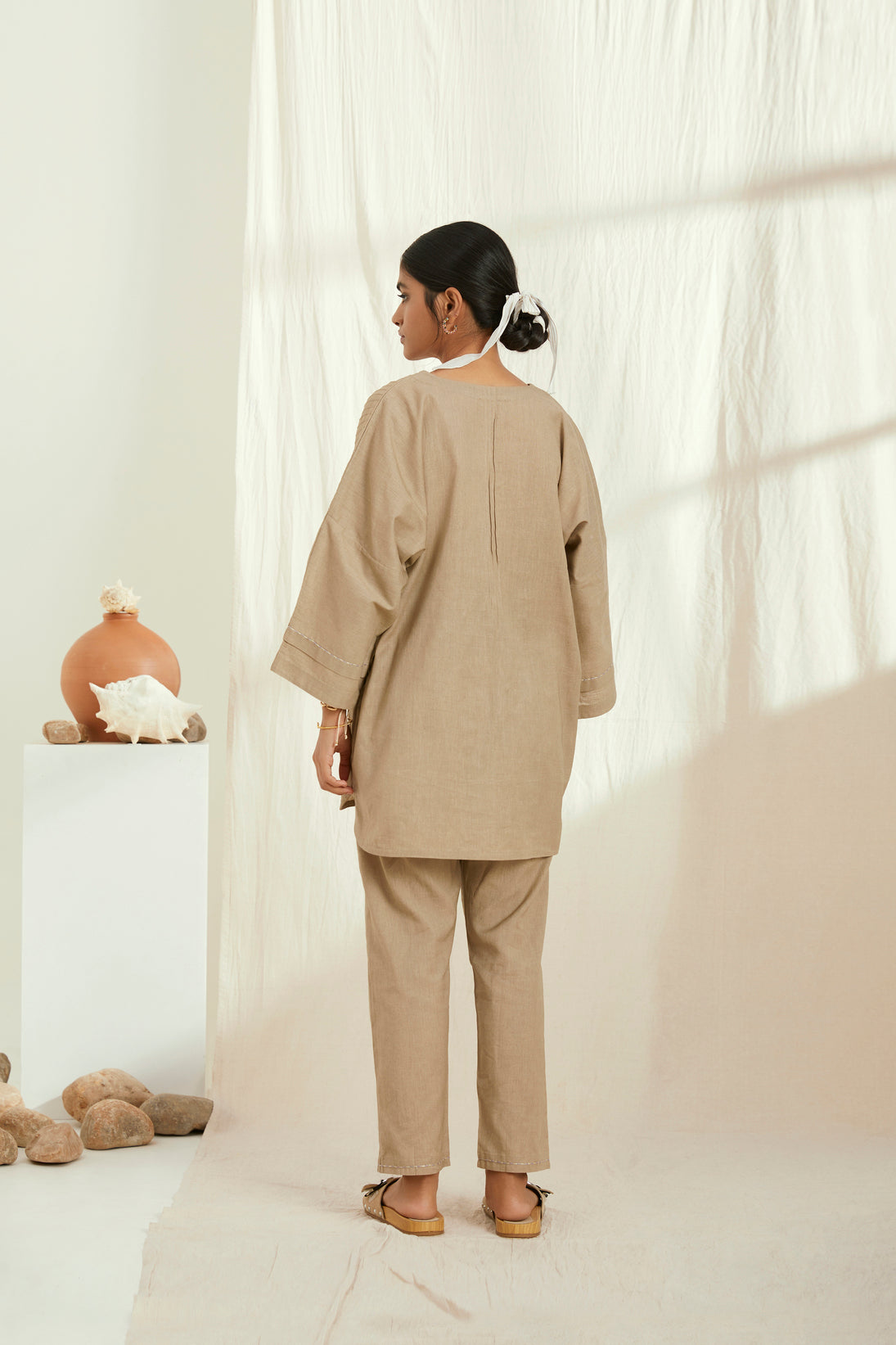 Beige linen short kurta set