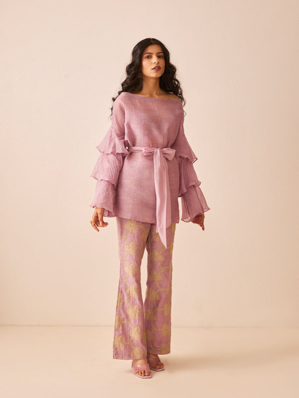 Lavender chanderi silk applique embroidered pants co-ord set