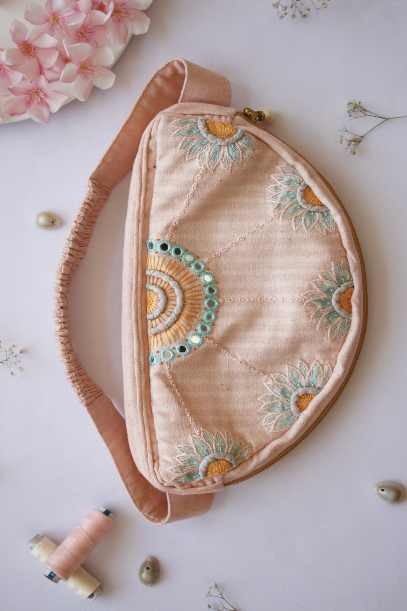 Pink handloom cotton hand embroidered cross-body bag