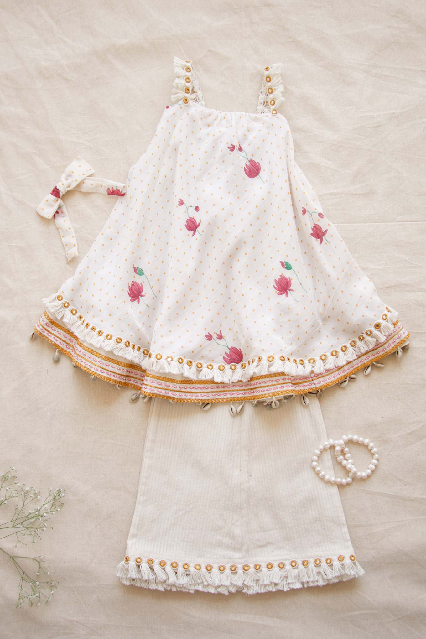 WHITE LOTUS PRINTED  MOTHER-DAUGHTER SET