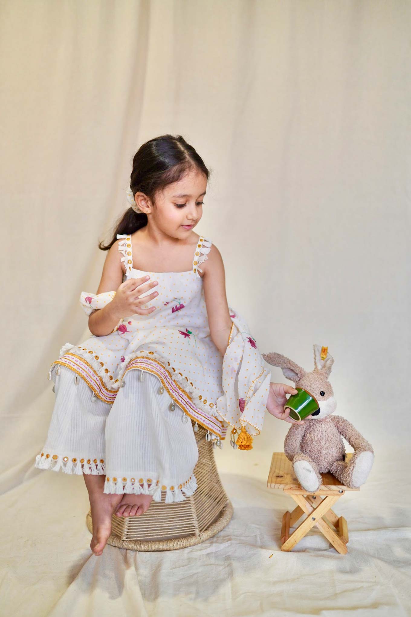 WHITE LOTUS PRINTED  MOTHER-DAUGHTER SET