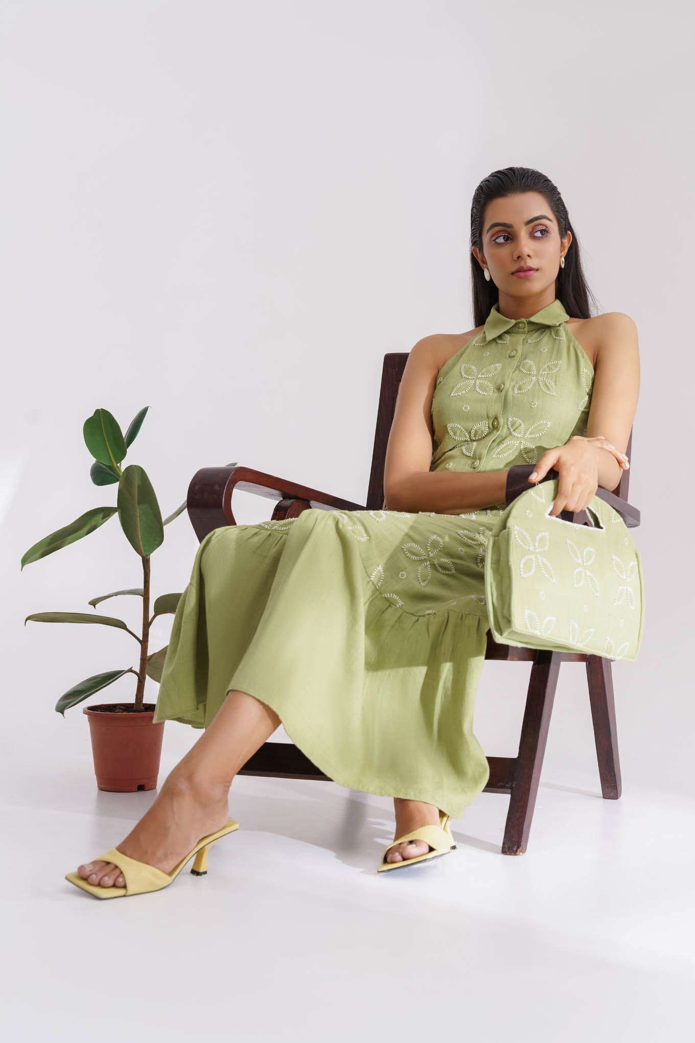 Green handloom cotton hand embroidered bag