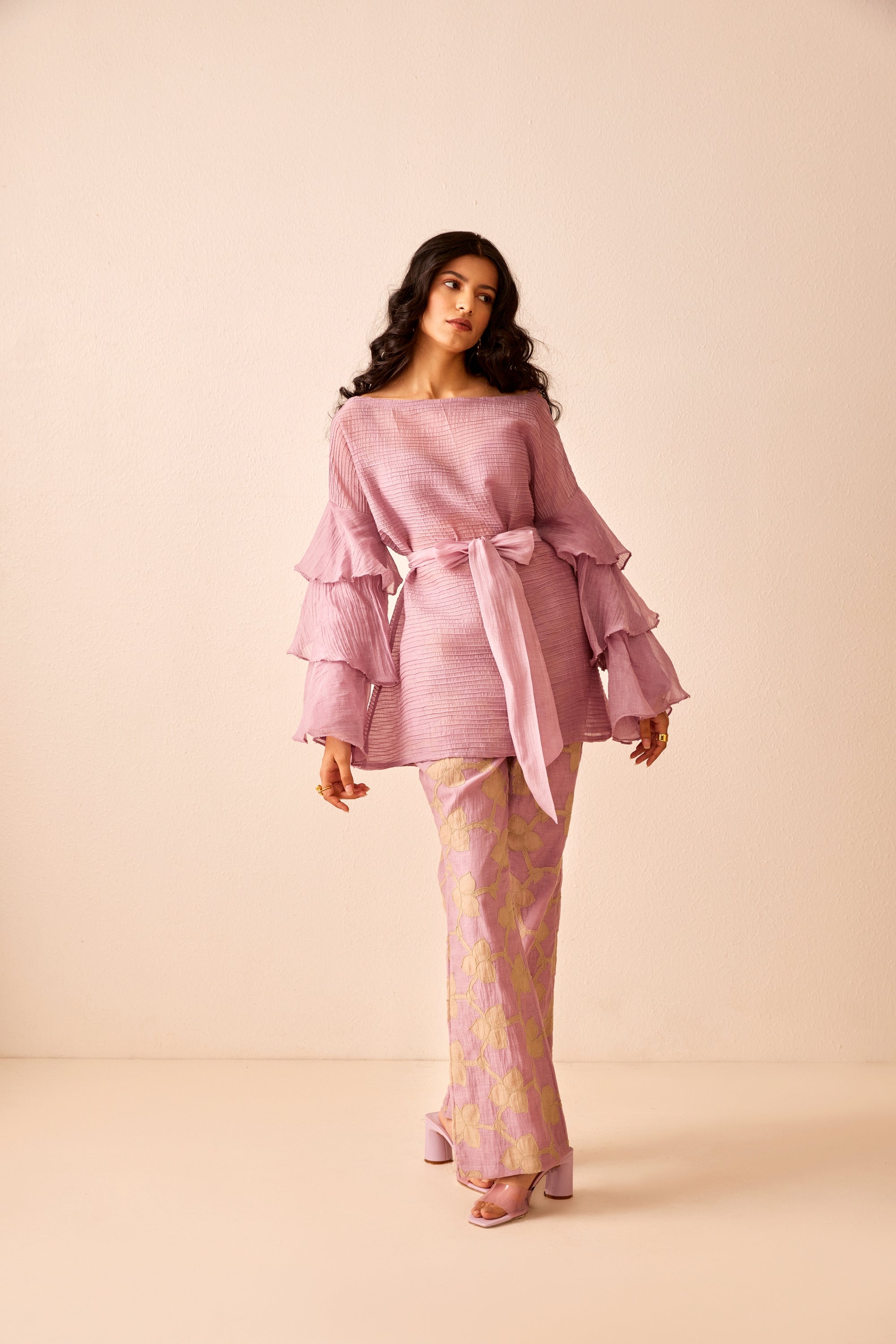 Lavender chanderi silk applique embroidered pants co-ord set