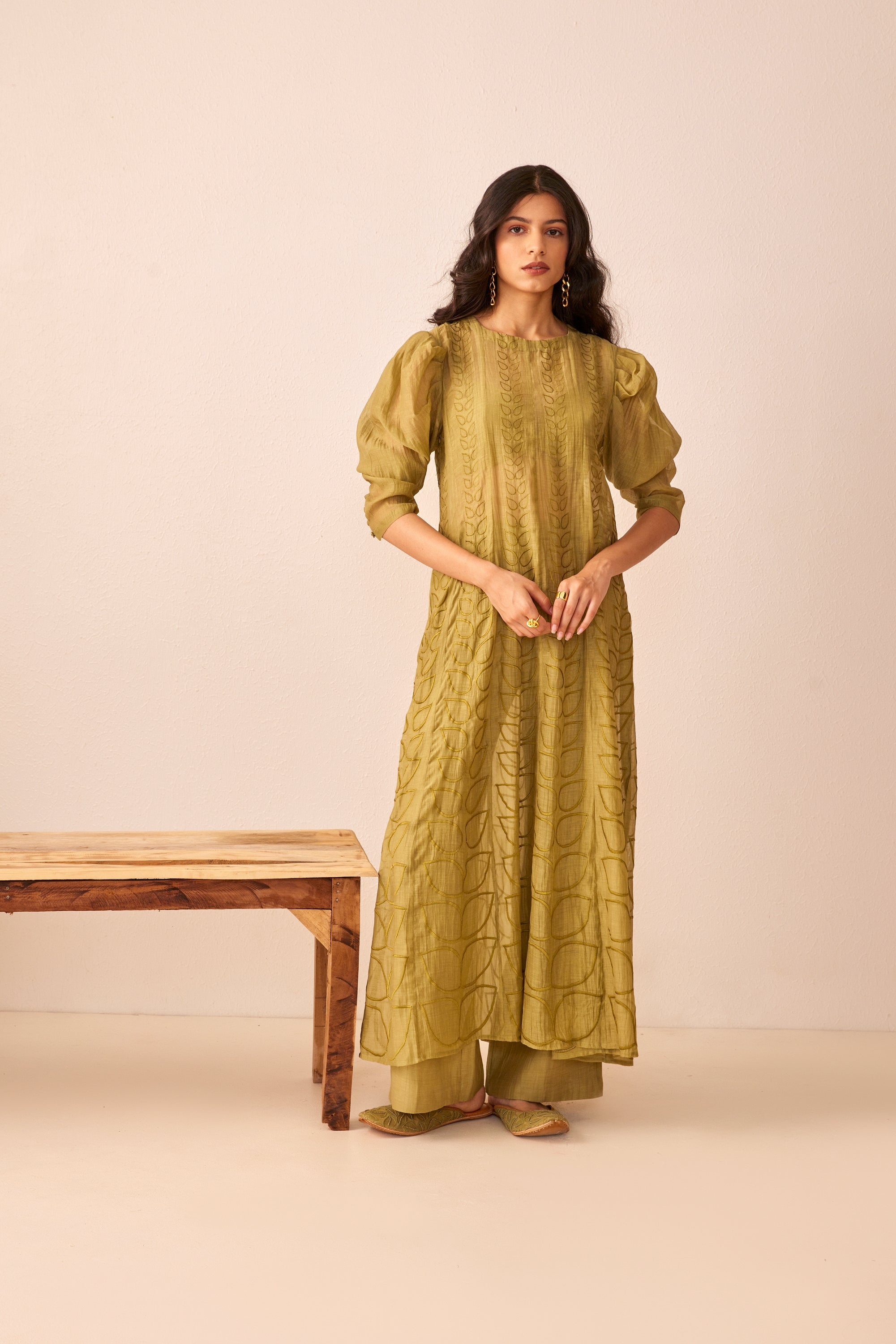 Green chanderi silk embroidered kalidar kurta set