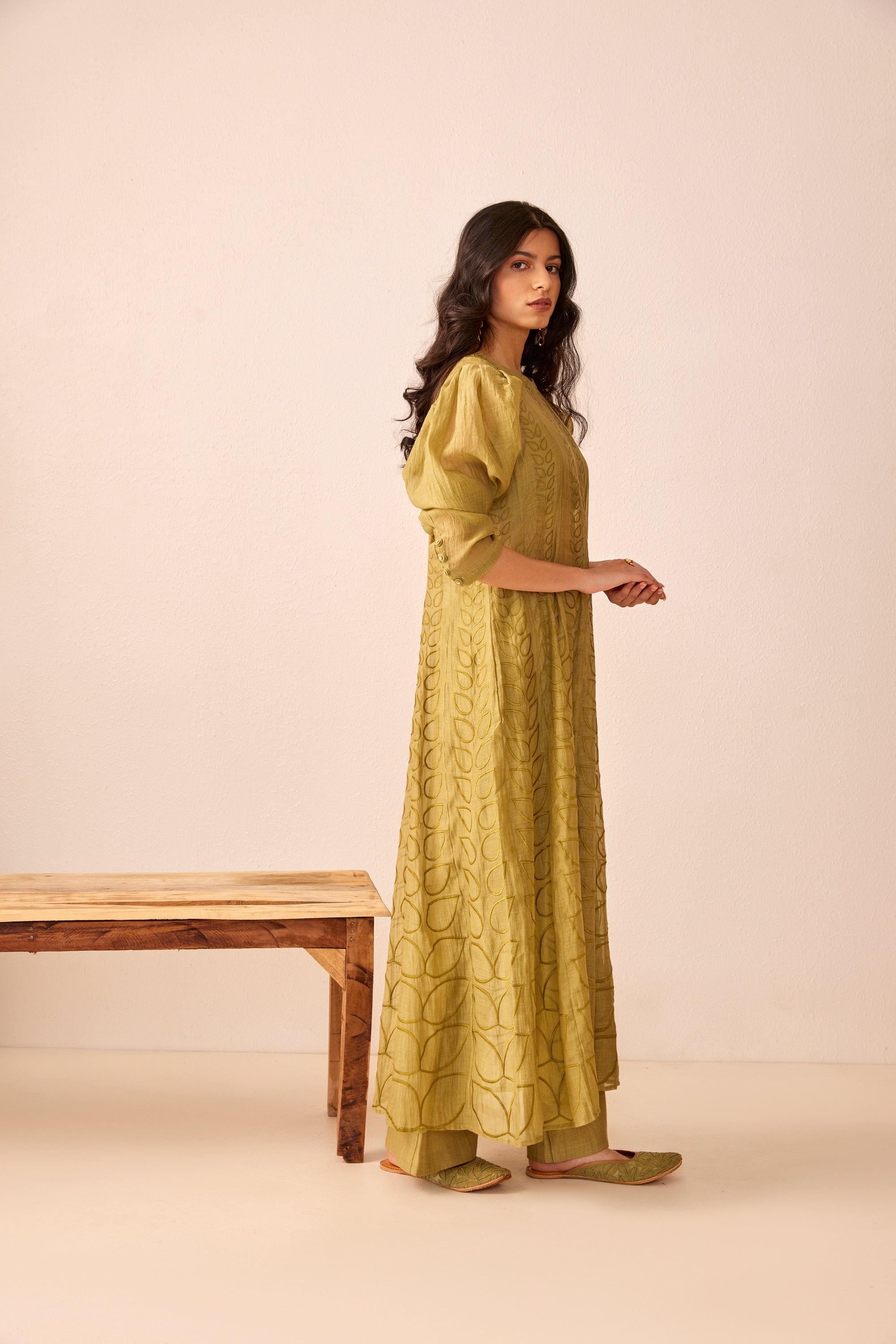 Green chanderi silk embroidered kurta/dress