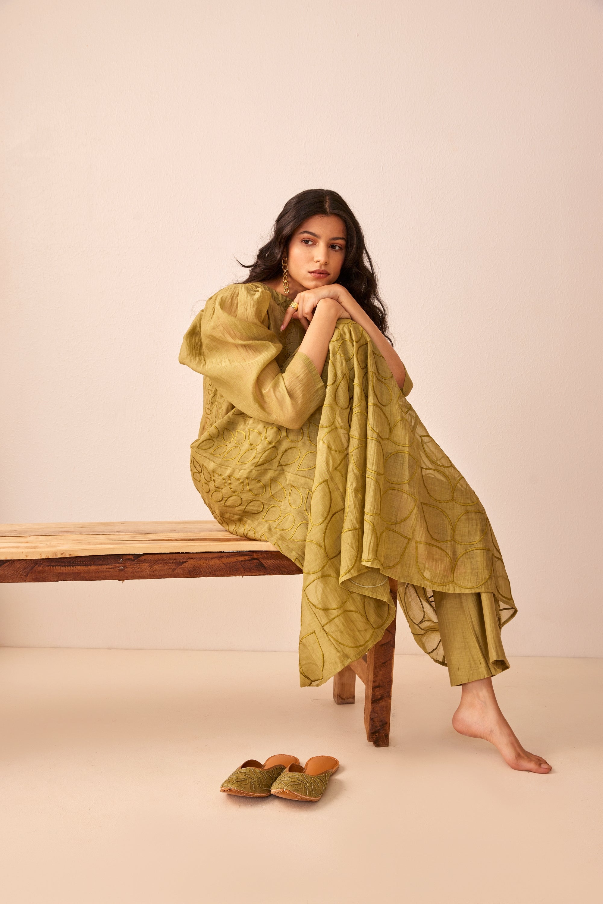 Green chanderi silk embroidered kurta/dress