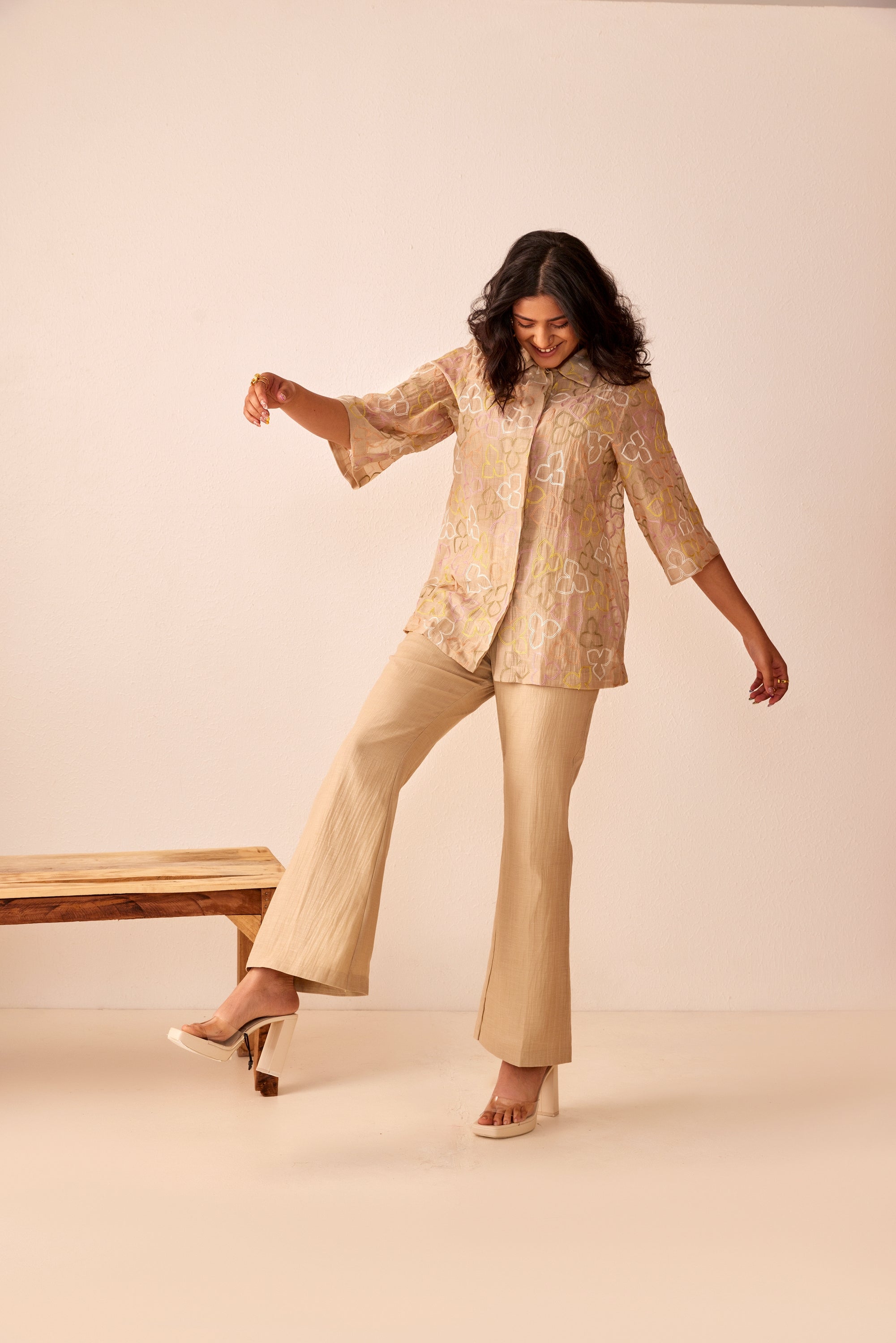 Beige chanderi silk hand embroidered shirt